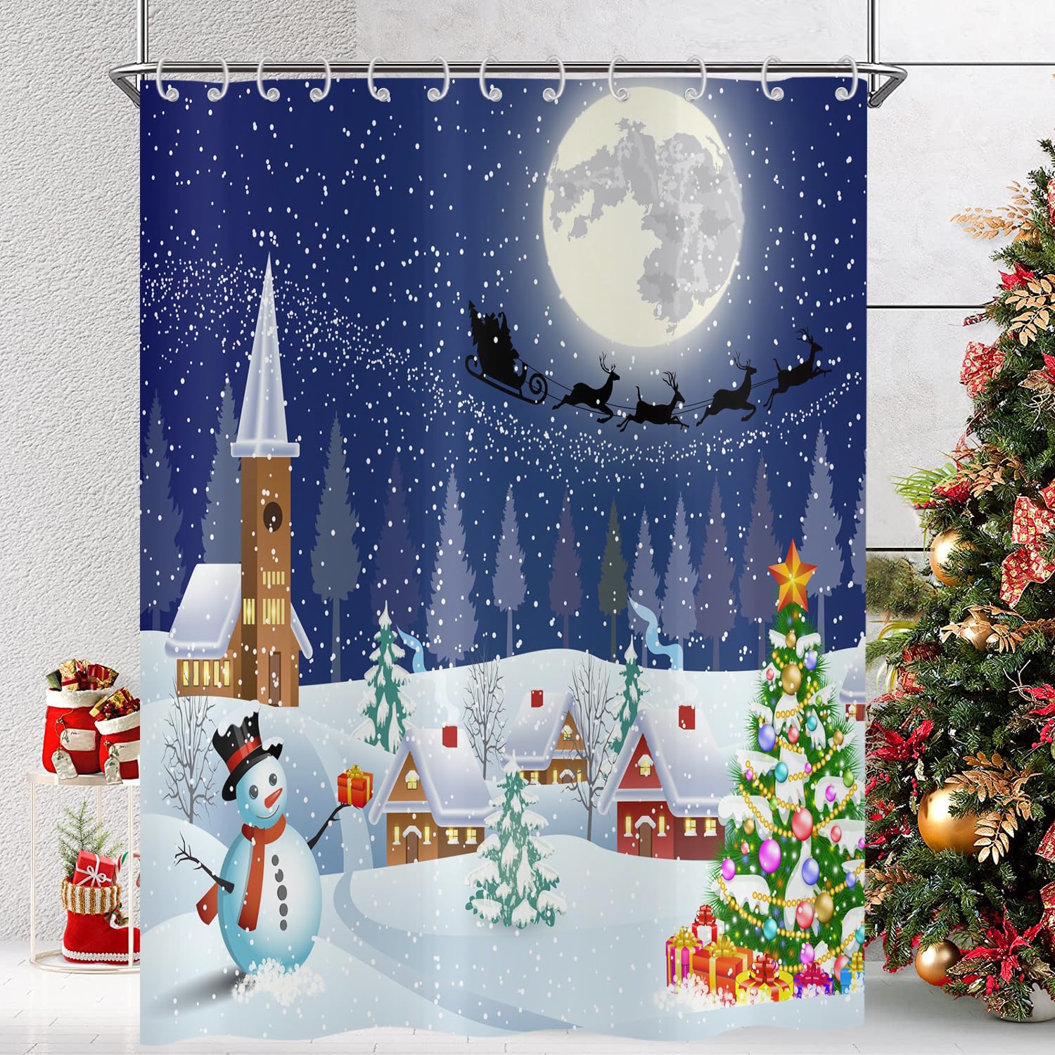 Hnmdmyi Christmas Shower Curtain – Winter Snowman Waterproof Polyester