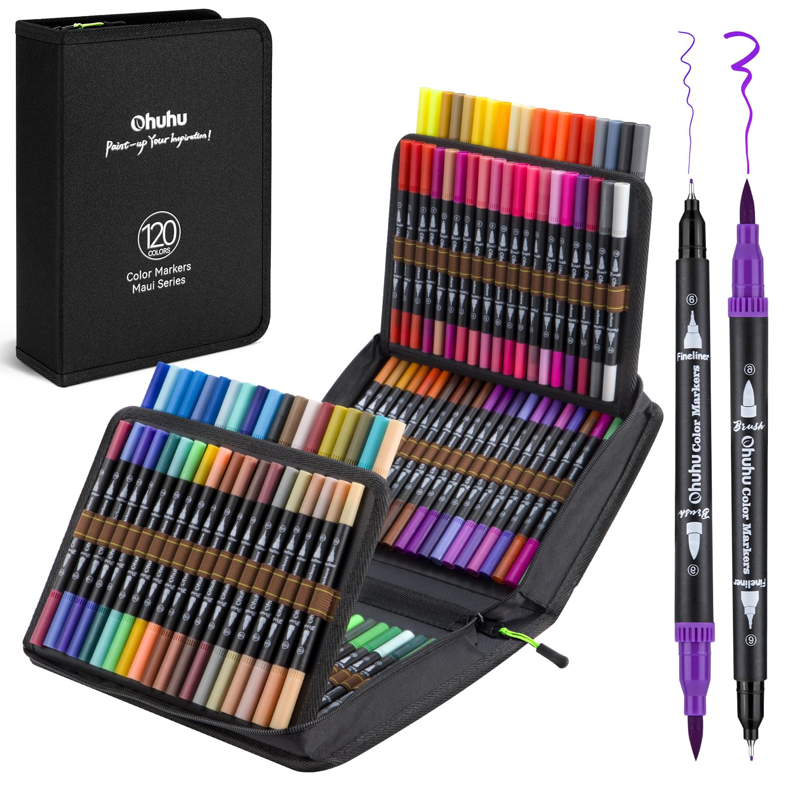 Ohuhu 120 Colours Dual Tip Brush Pens | Water-Based Art Markers Set