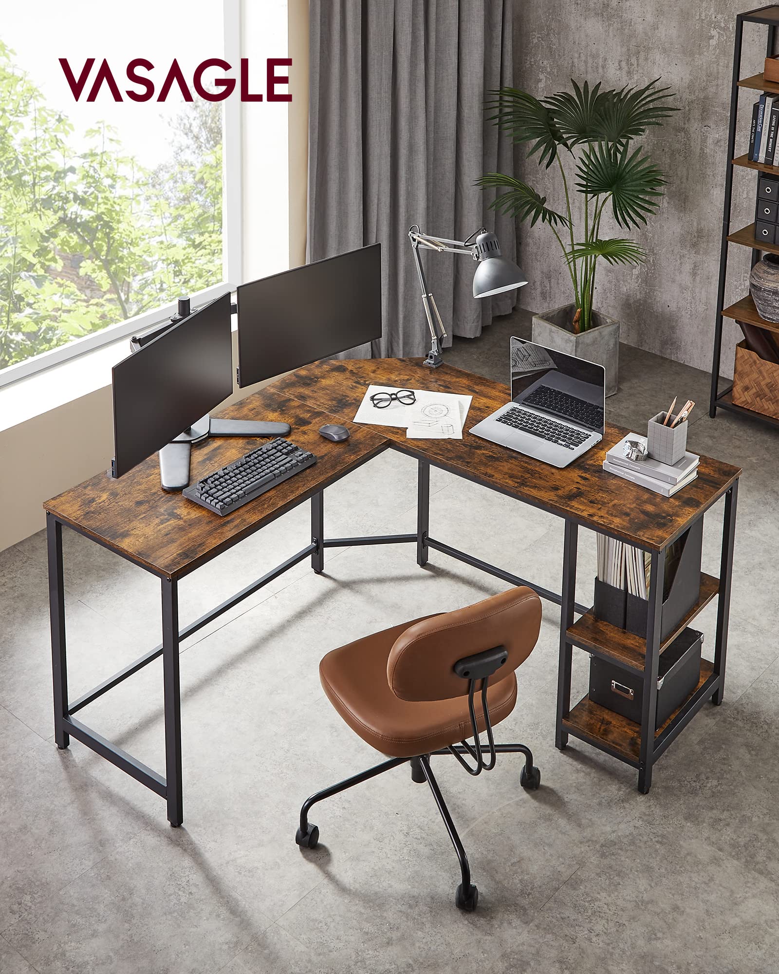 VASAGLE L-Shaped Computer Desk – Rustic Gaming Workstation with Shelves