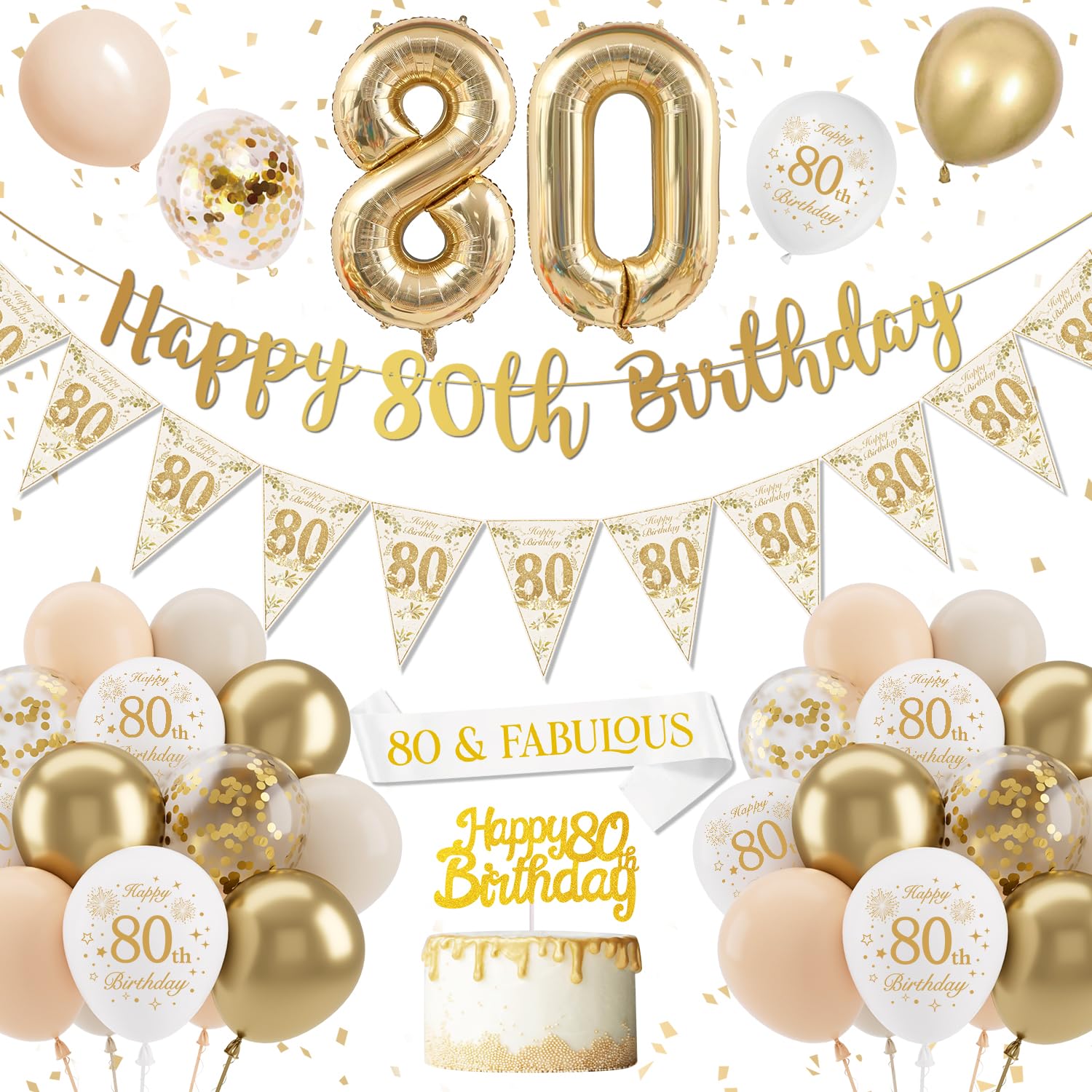 Jolof Store 80th Birthday Decorations for Women – Gold and White Balloon Kit