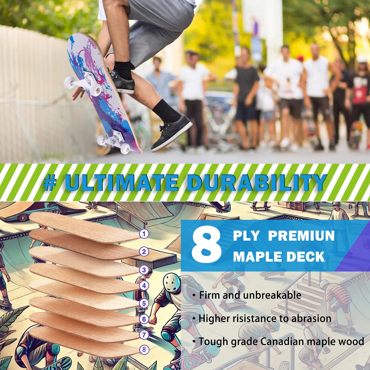CLYCTIP Complete Skateboard | 31x8 Inch 8-Layer Maple Deck for Beginners