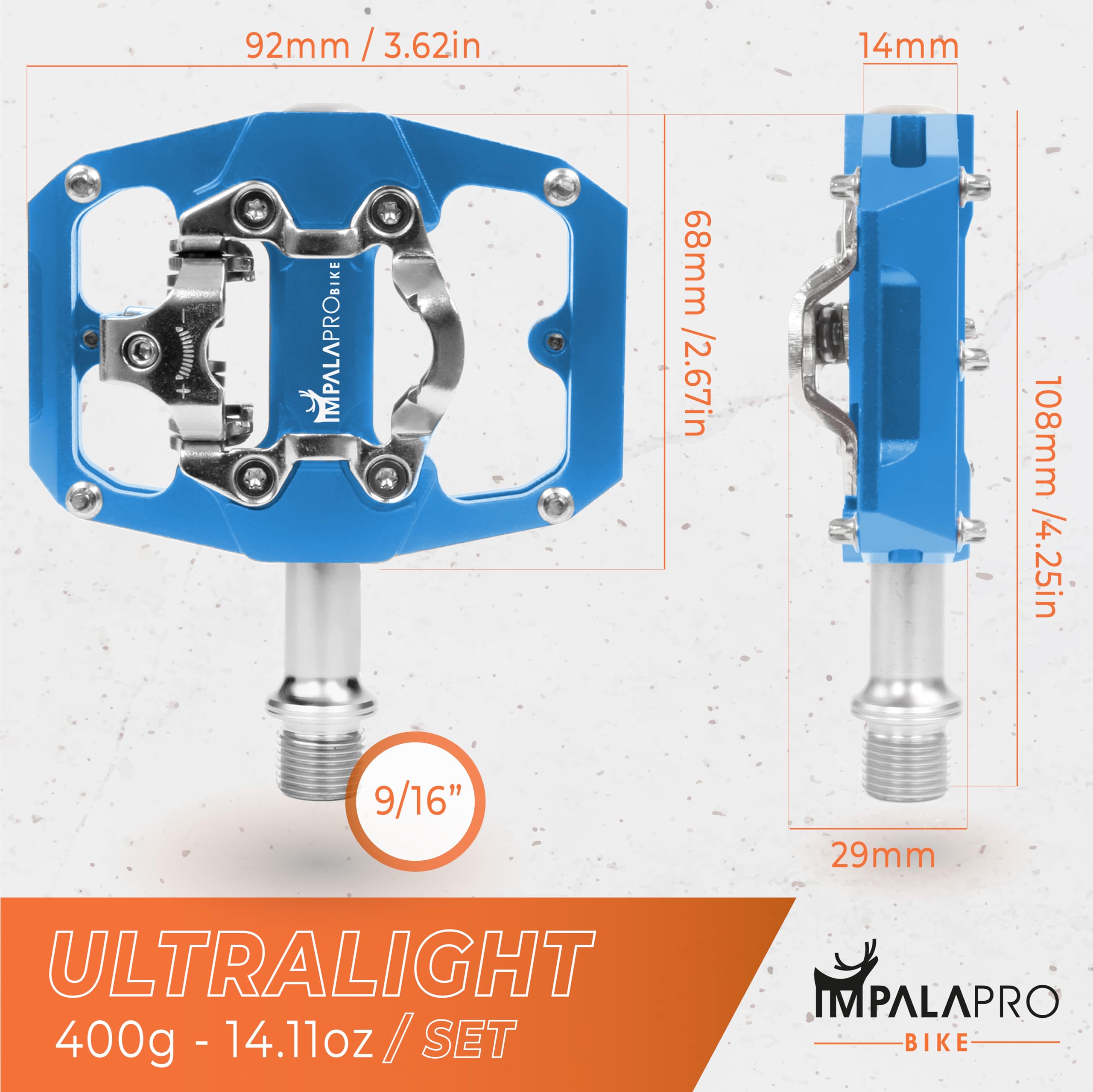 IMPALAPRO Dual Function MTB Pedals | Shimano SPD Compatible & Flat | Blue