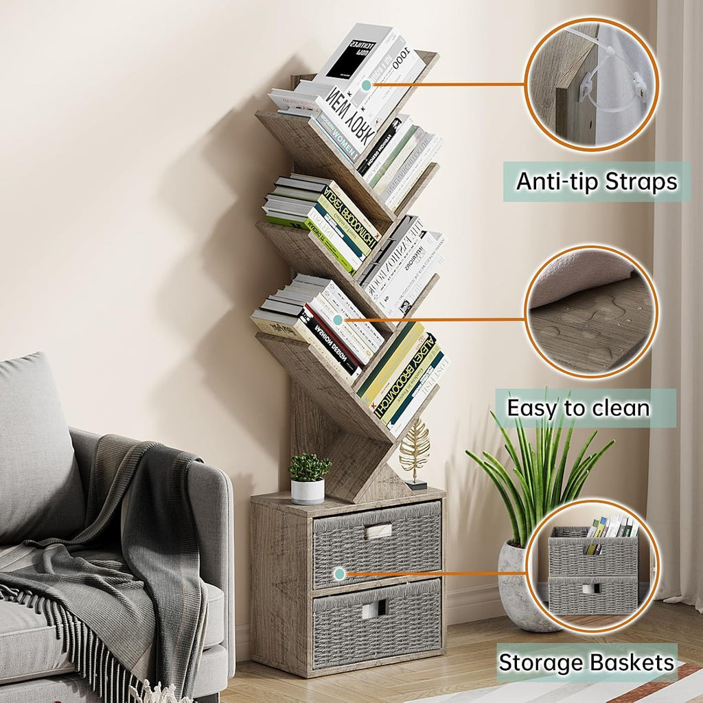 Vagusicc 6 Tier Tree Bookshelf, Modern Floor Standing Bookcase with Storage Drawer, Space Saving Storage Organizer Book Shelves for Books - image 3