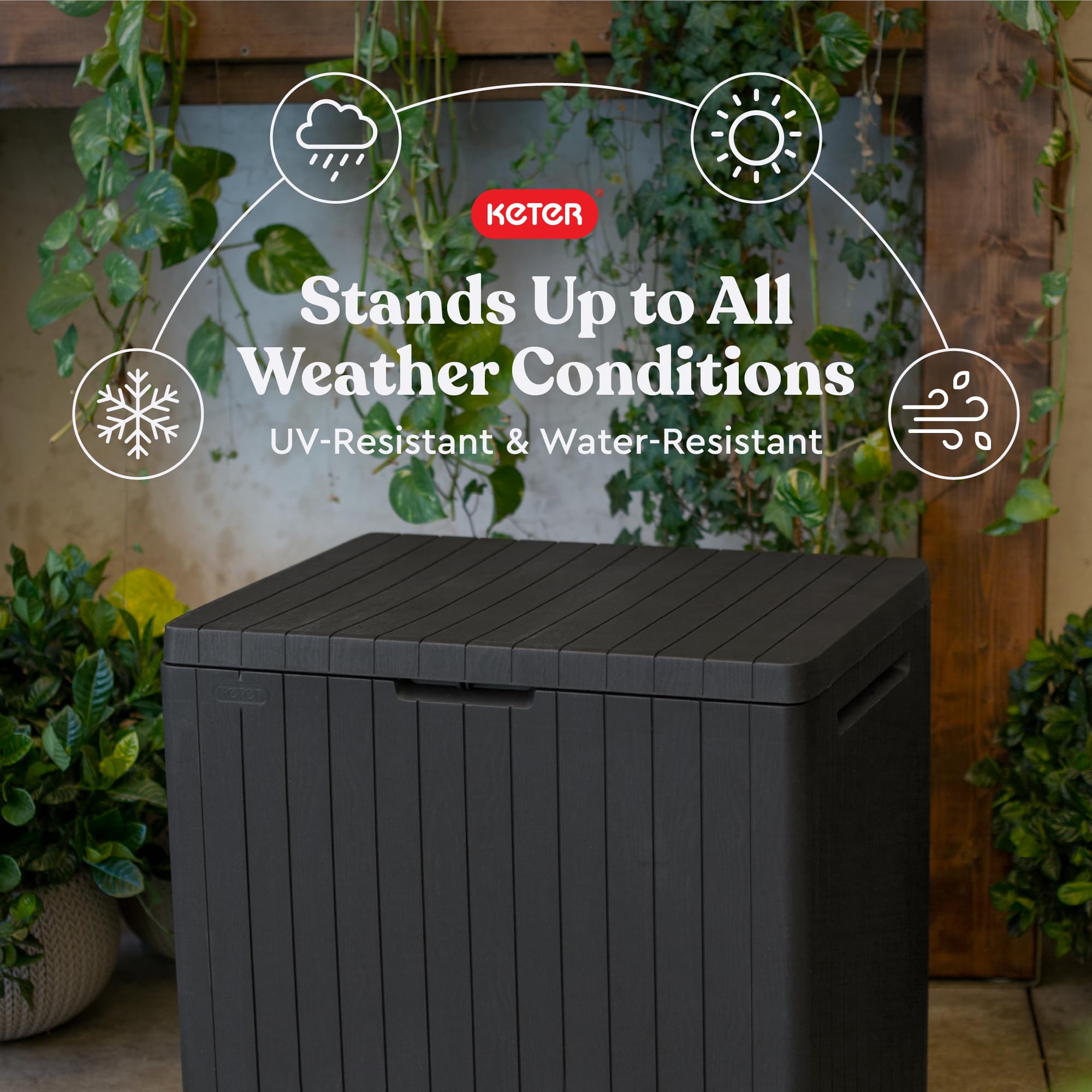 Keter City 30 Gallon Resin Outdoor Deck Box and Patio Side Table, Grey