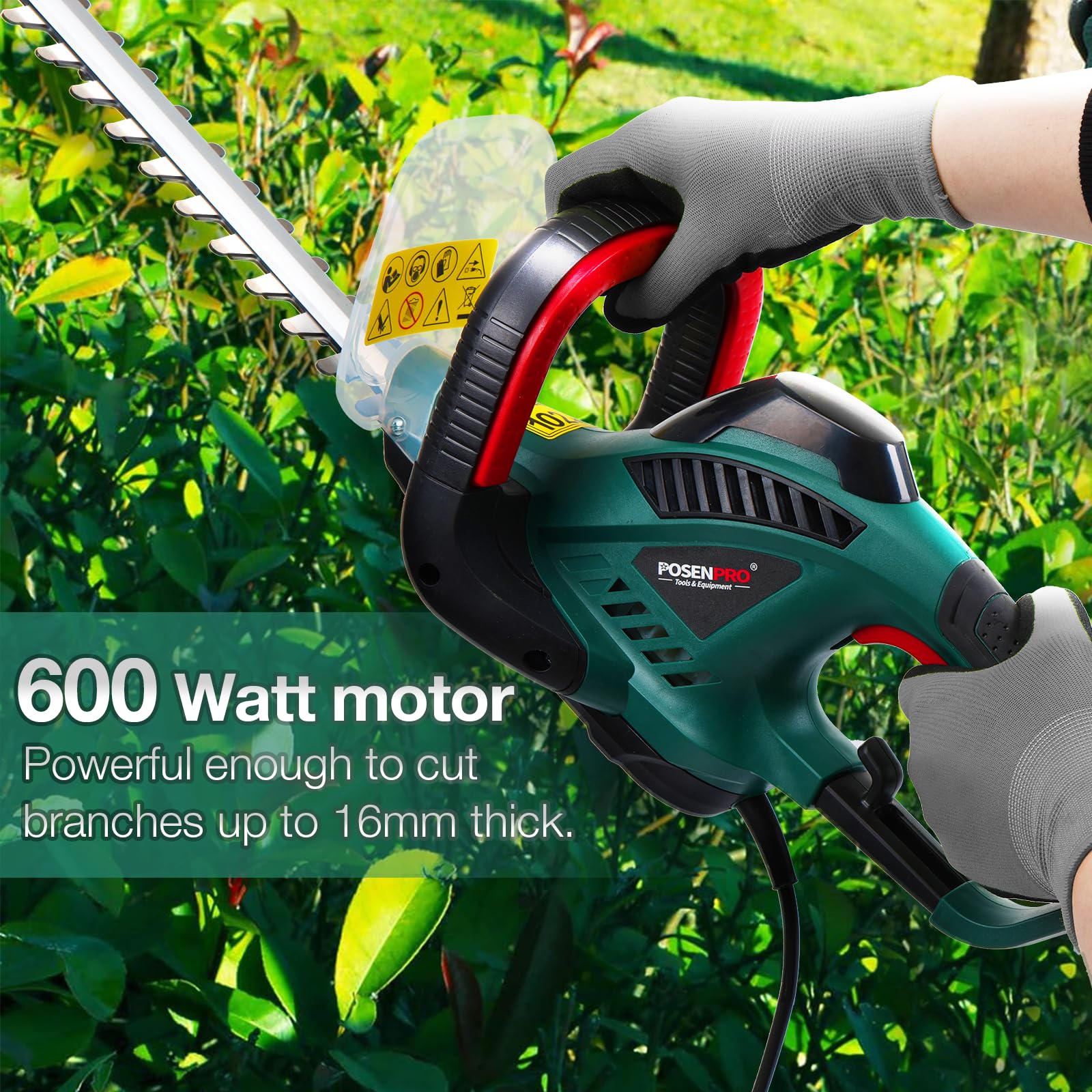POSENPRO 600W Electric Hedge Trimmer – 550mm Dual Action Blade, 6m Cable