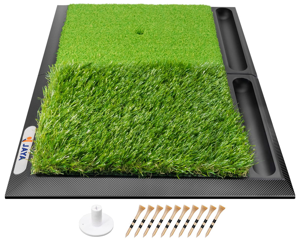 JAYA Dual Turf Golf Hitting Mat with Ball Tray and Heavy Rubber Base