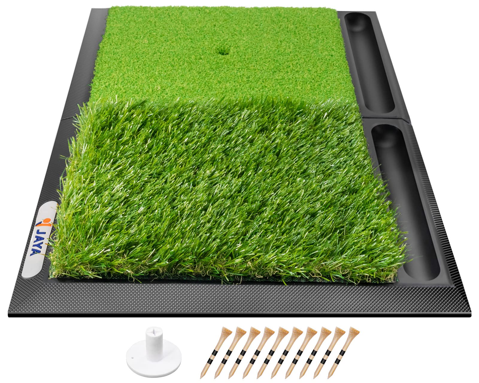 JAYA Dual Turf Golf Hitting Mat with Ball Tray and Heavy Rubber Base