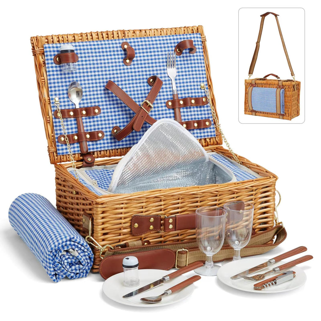 DHAEE Wicker Picnic Basket Set for 2 with Insulated Cooler and Blanket