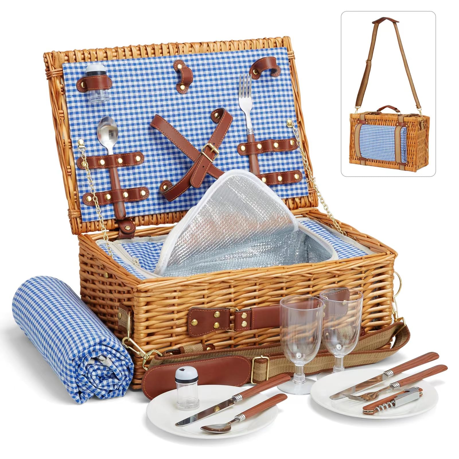 DHAEE Wicker Picnic Basket Set for 2 with Insulated Cooler and Blanket