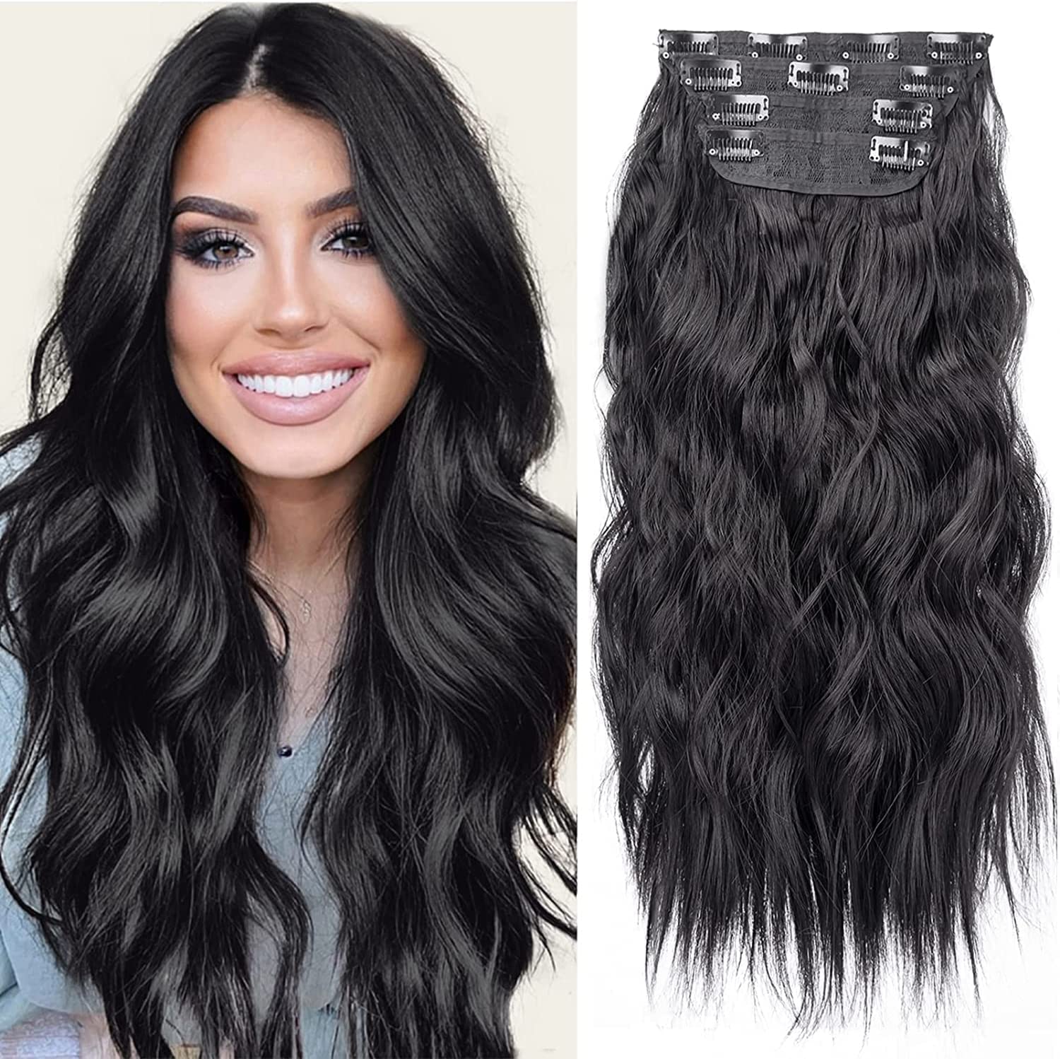 20 Inch Curly Clip in Hair Extensions | Synthetic Black 4Pcs