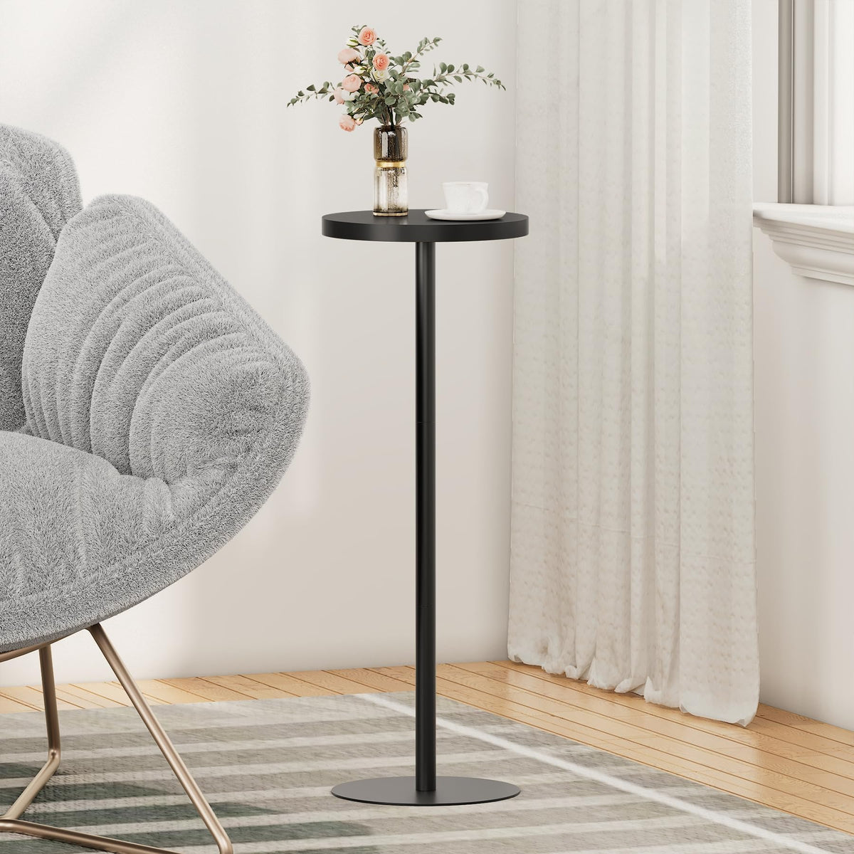 TUTOTAK Tall Round Side Table, Small End Table, Drink Table, Pedestal Side Table, livingroom, Black TB01BK065EU