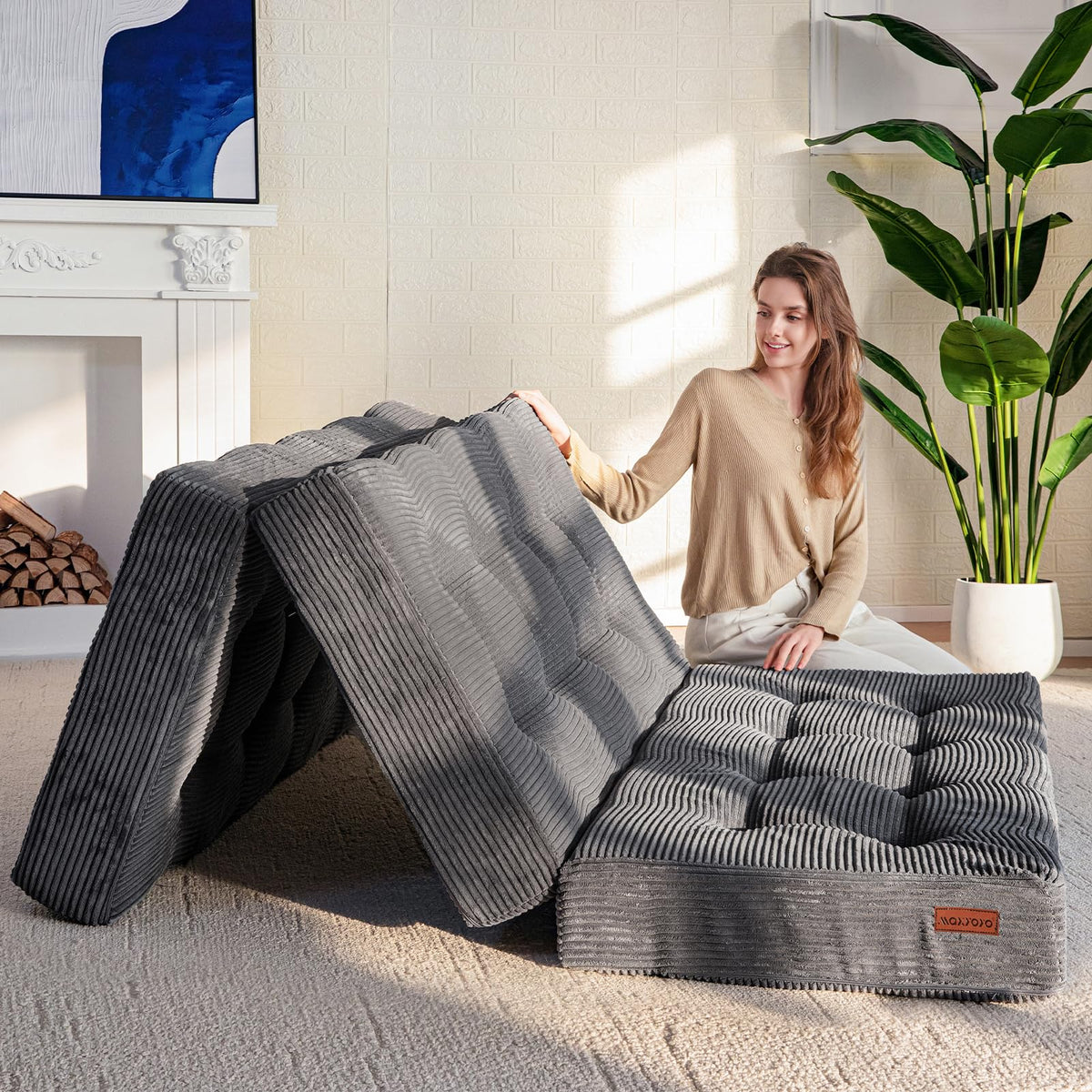 MAXYOYO Folding Mattress, Comfy Corduroy Foldable Mattress with 15cm Thicken Foam, Tri-Fold Floor Futon Sofa Bed for Guest,Dark gray,Double - image 1