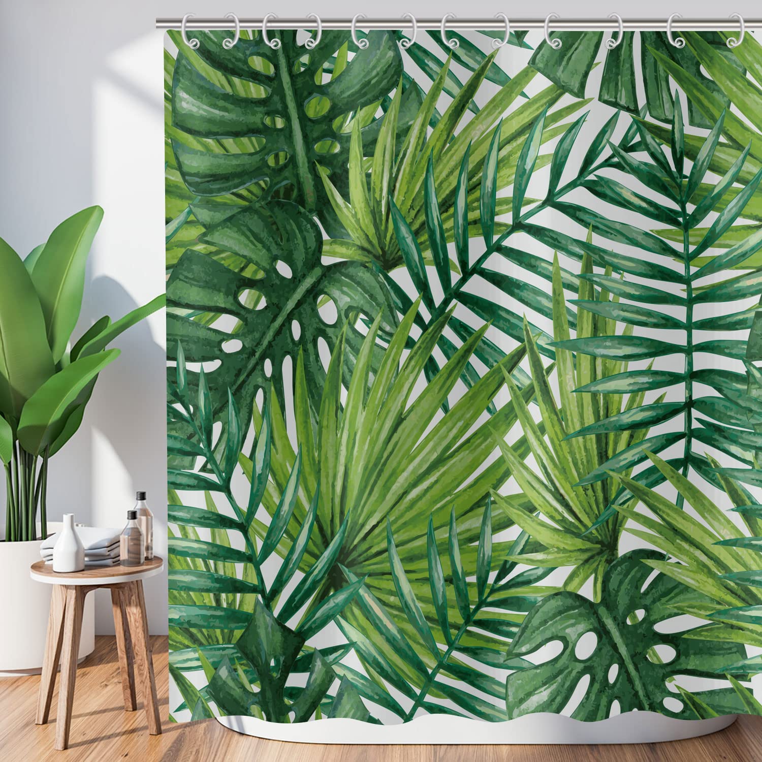 Hnmdmyi Tropical Leaf Shower Curtain | Waterproof Green Palm Polyester