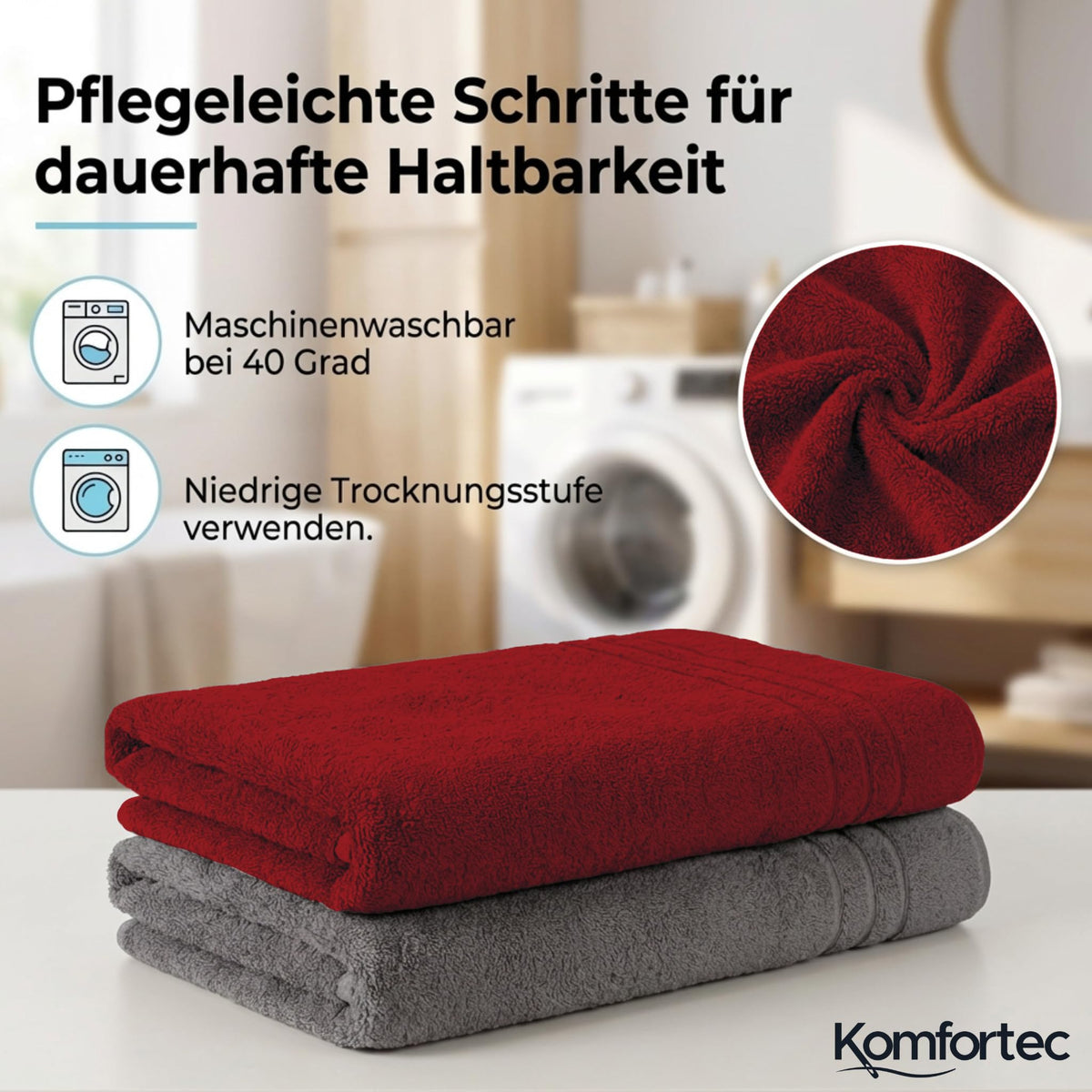 Komfortec Jumbo Bath Towels, 100% Cotton, Quick Dry, 80x200, Grey & Red - image 3