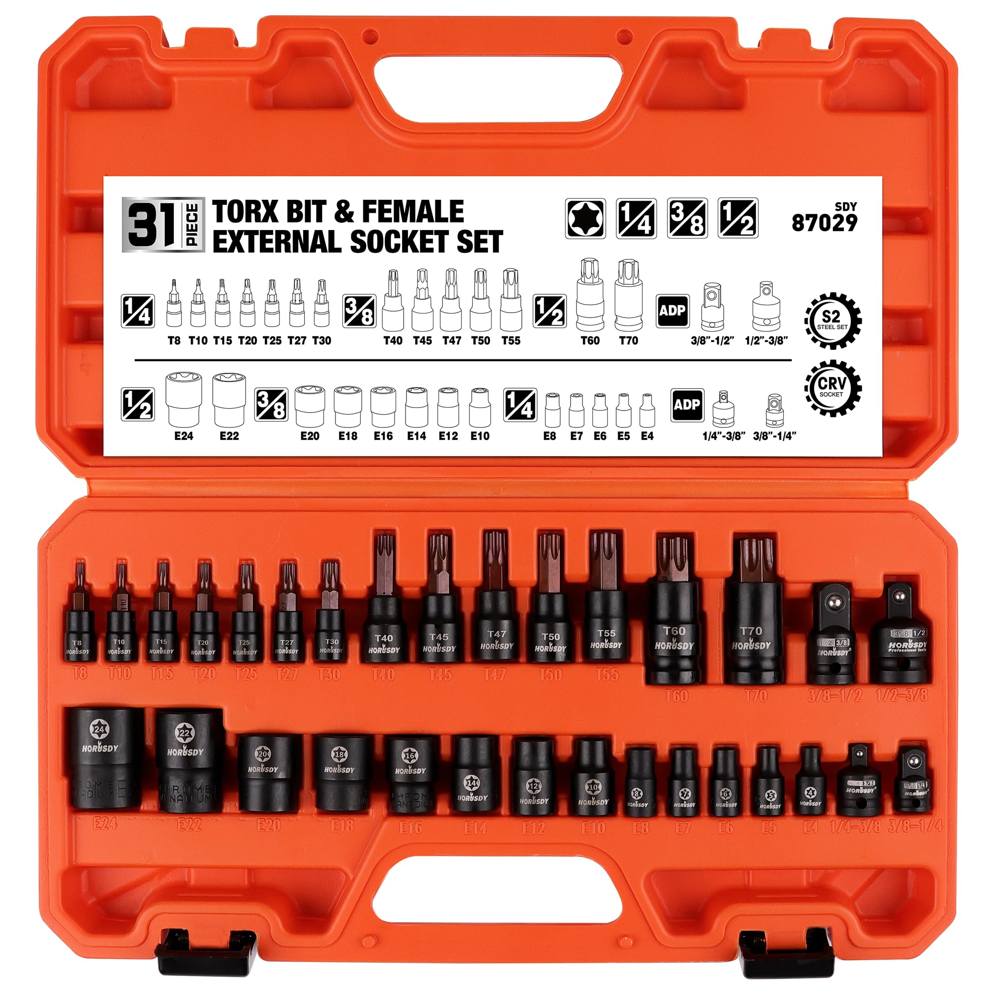 HORUSDY 31-Piece Torx Bit and Female External E-Torx Socket Set