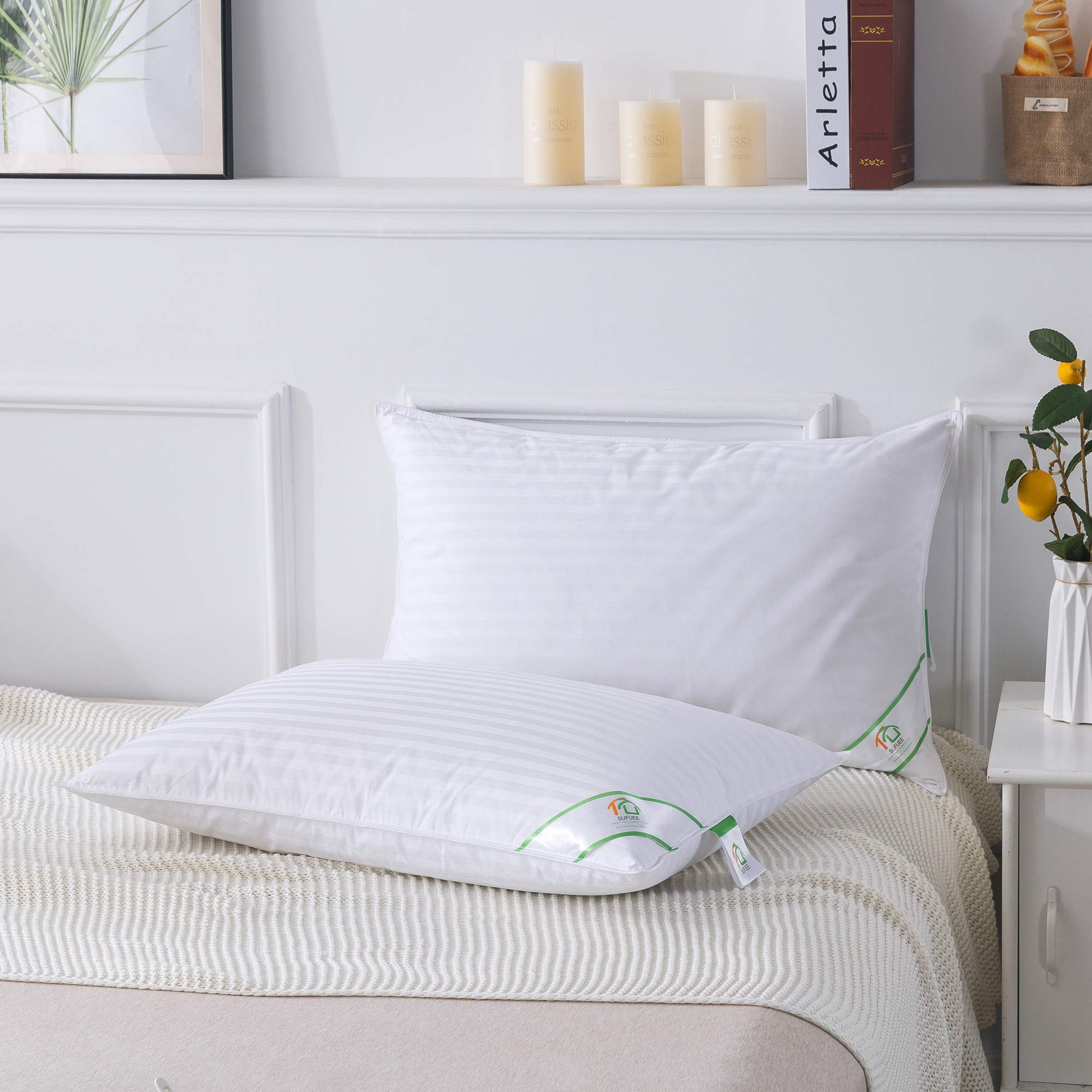 SUFUEE Goose Feather and Down Pillow Pair | 100% Cotton Cover