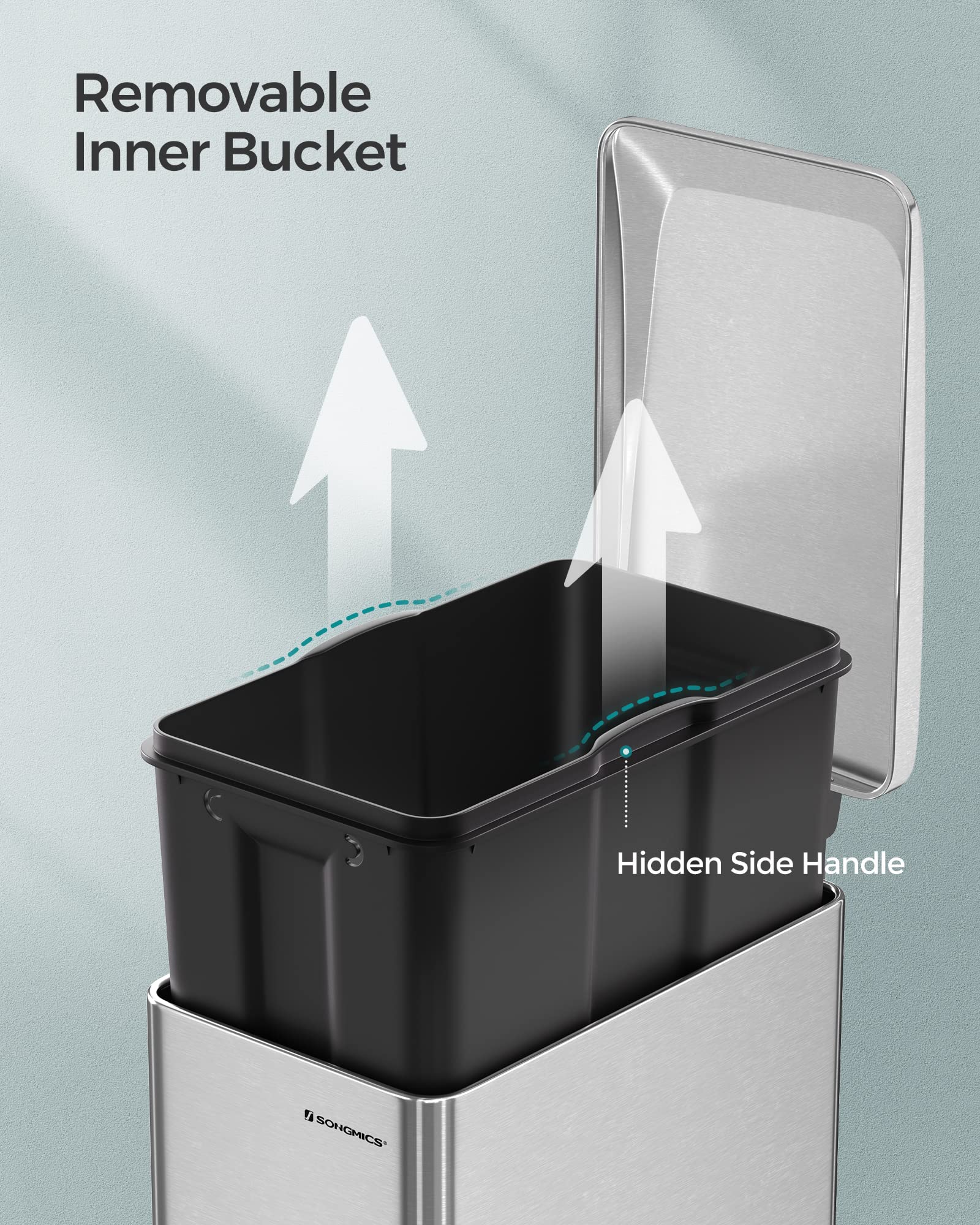 SONGMICS 48L Slim Kitchen Bin | Stainless Steel Soft-Close Pedal Bin