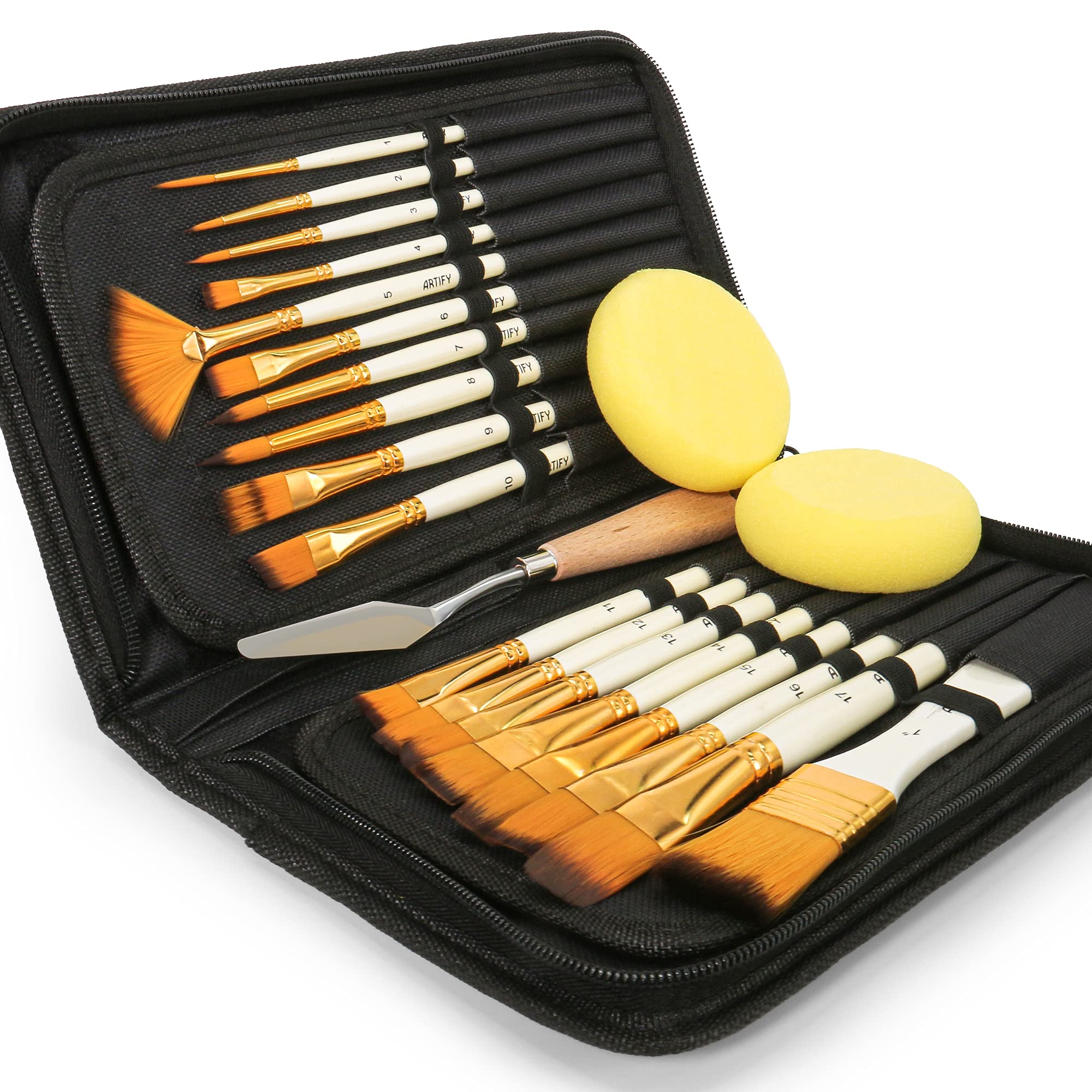Artify 18-Piece Paint Brush Set with Pop-Up Case for Acrylic and Oil