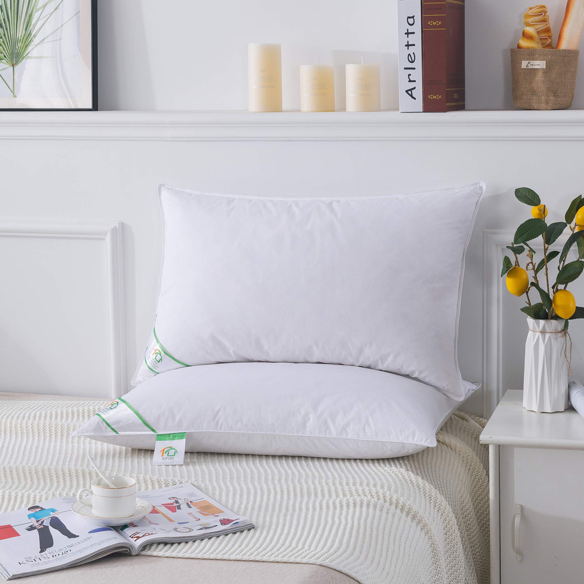 SUFUEE Goose Feather and Down Pillows Pair | 100% Cotton Cover