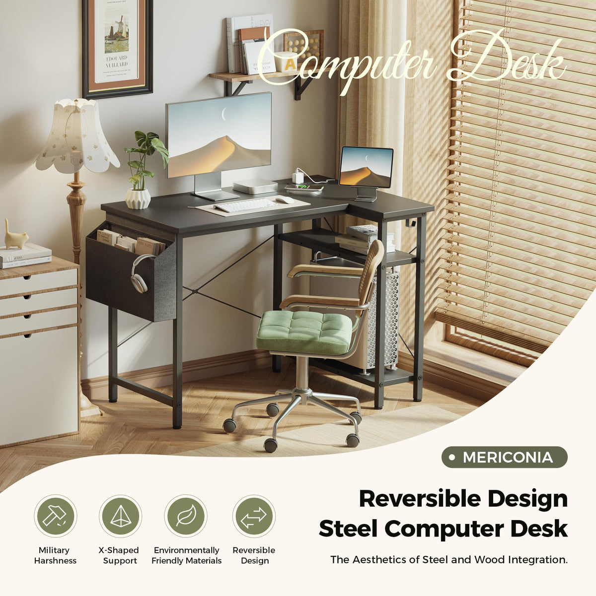Mericonia Reversible Corner Desk, w. Power Outlets, 120x70cm, Black - image 2