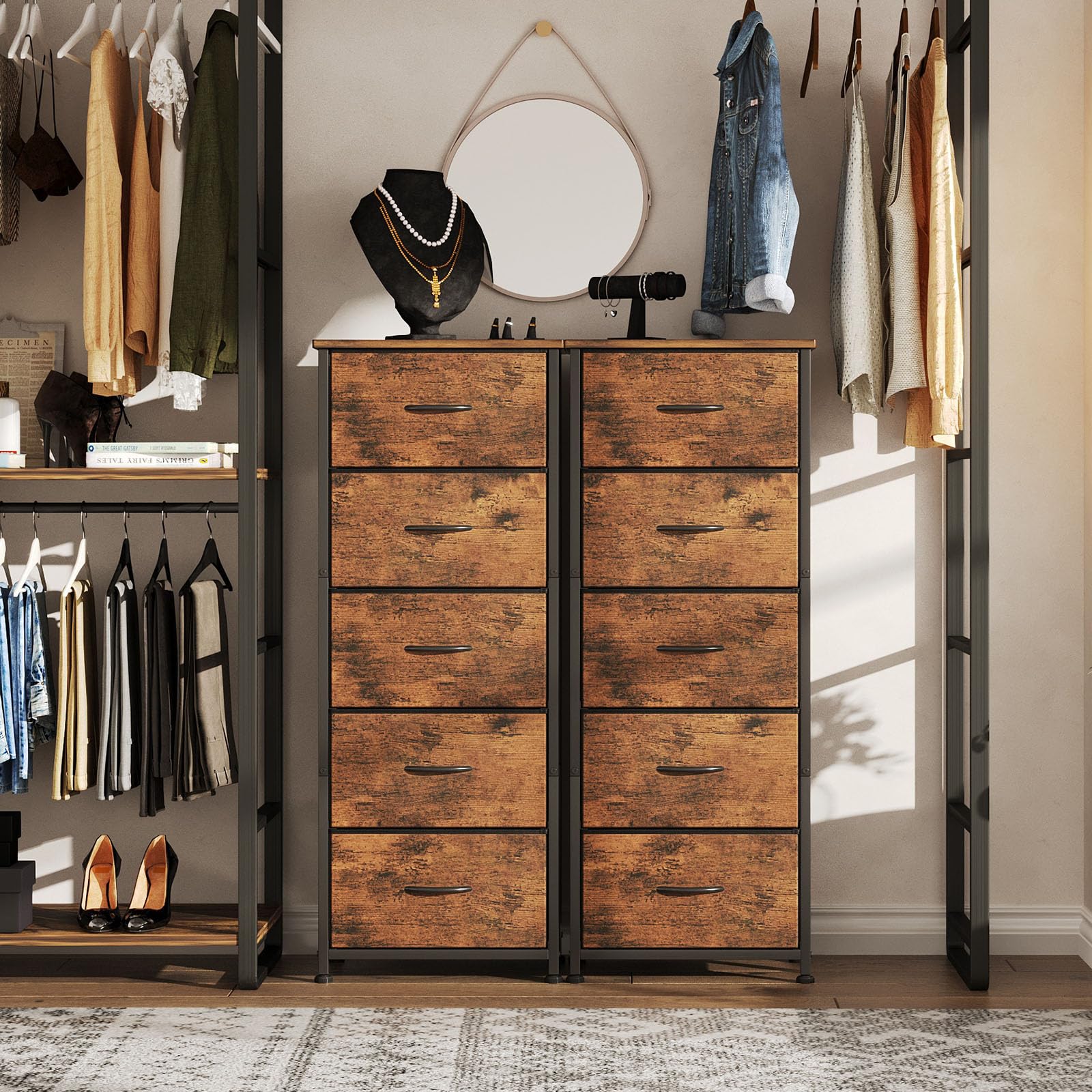 CAIYUN 5-Drawer Chest of Drawers | Tall Brown Fabric Storage Dresser