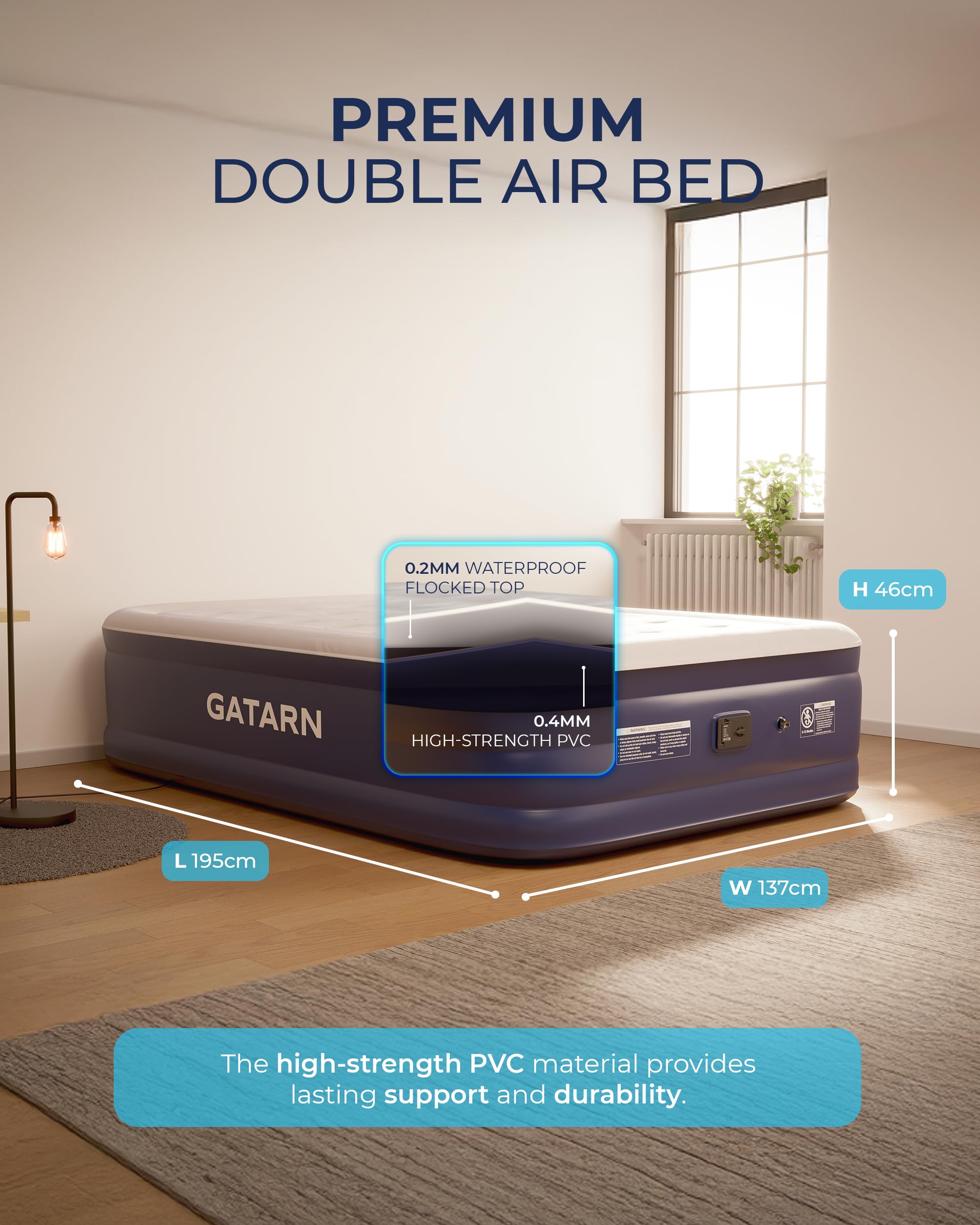 Gatarn Double Air Mattress with Built-in Electric Pump | 46cm Raised Bed