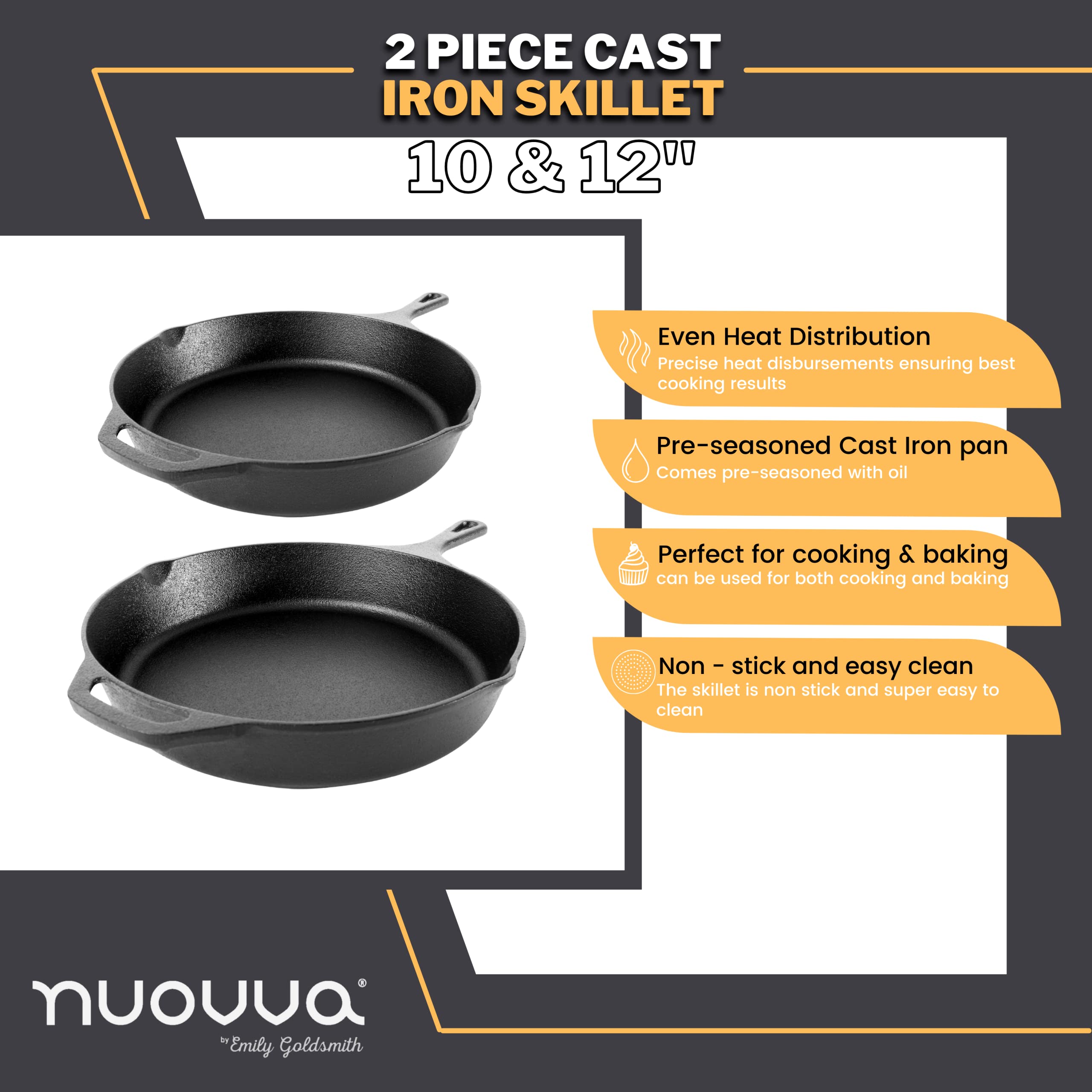 Nuovva 2-Piece Cast Iron Skillet Set | Pre-Seasoned 10 & 12 Inch Pans