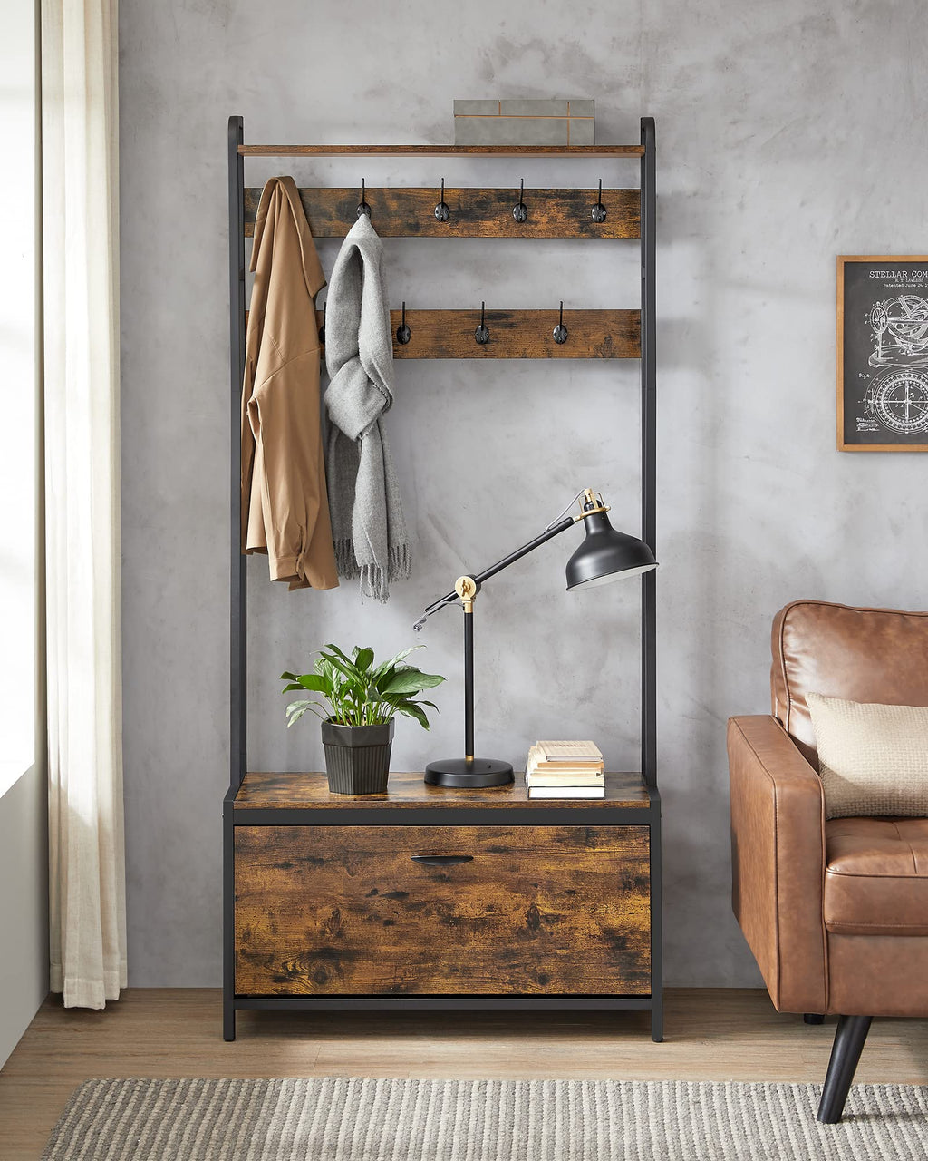 VASAGLE Industrial Hall Tree with Bench and Shoe Storage – Rustic Brown