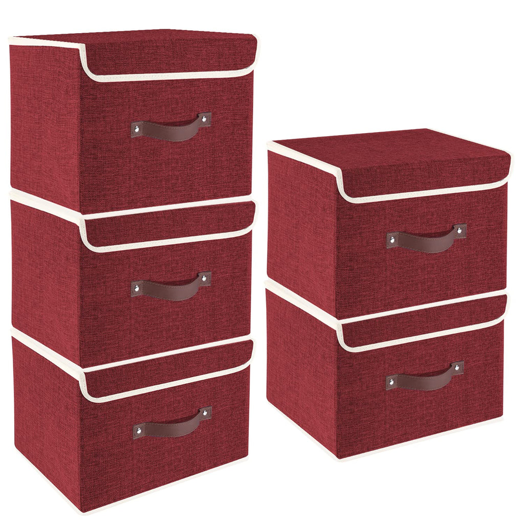 TYEERS Collapsible Storage Box with Lid, Fabric Storage Box for Clothes, Wardrobe Storage, 38x25x25 cm, Set of 5, Red Wine - image 1