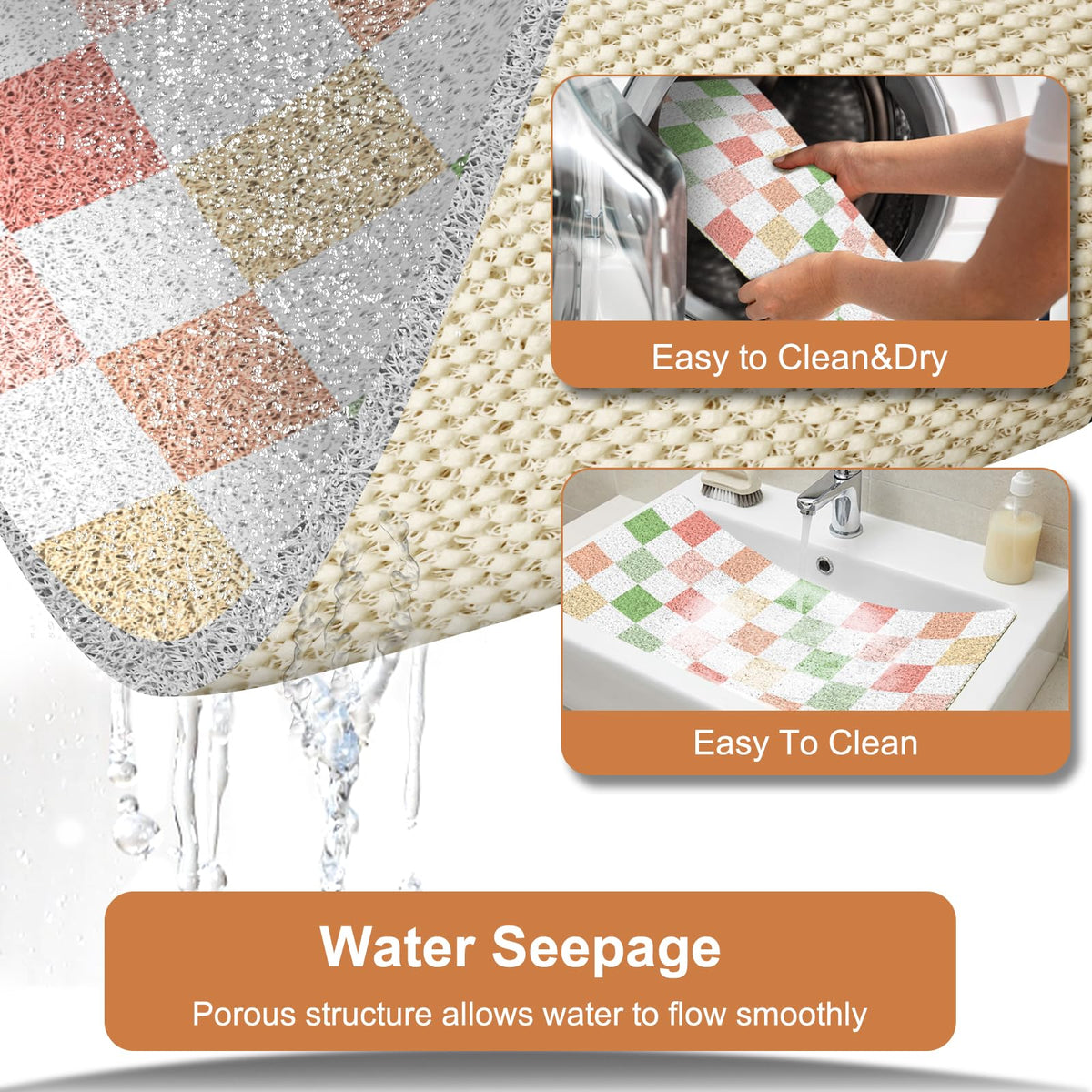 BLESWIN Large Shower Mat Non Slip 50x80CM, Checkered Shower Quick Dry Mats with Drain Hole, Antibacterial PVC Bath Mat for Inside Shower - image 4
