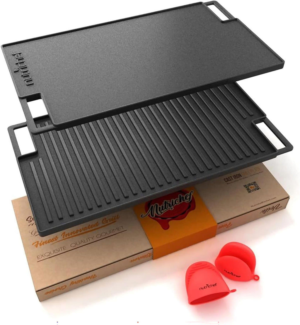Nutrichef Reversible Cast Iron Grill Plate – 45.7cm Flat & Ridged Griddle Pan