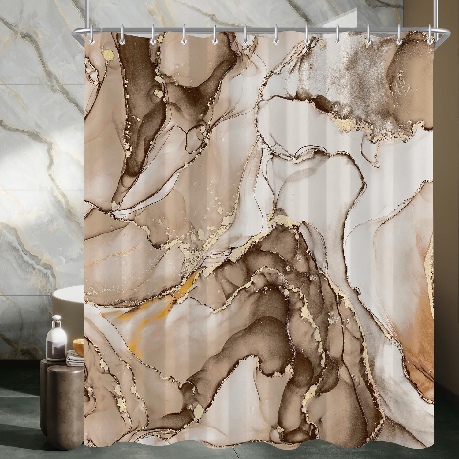 Lerores Brown Marble Shower Curtain – 180x200cm Anti-Mould Polyester
