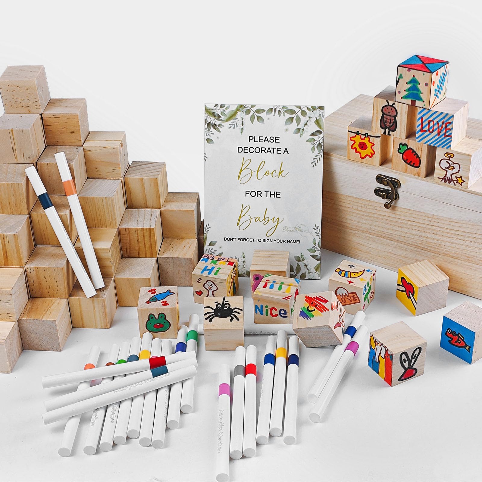 EIGTWEN 78-Piece Baby Shower Games Kit – DIY Wooden Keepsake Blocks