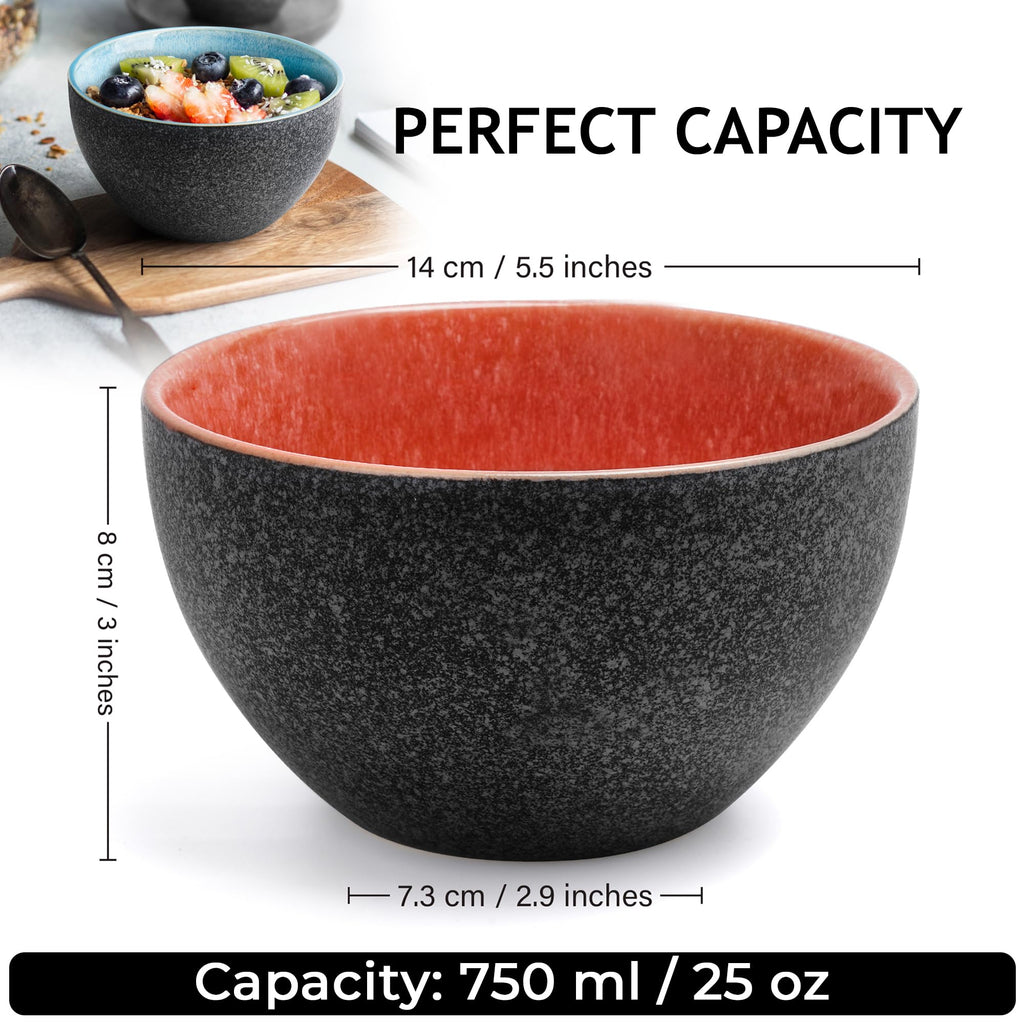 MIAMIO Ceramic Cereal Bowls Set of 6 | 750ml Stackable Soup Bowls