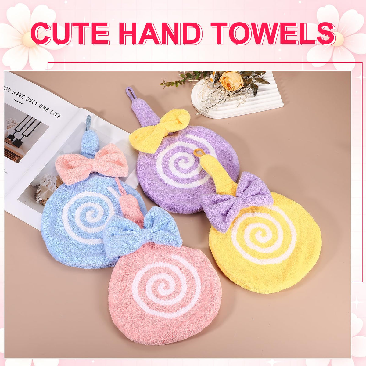 sourcing map Cute Hand Towels, Soft Coral Hanging Hand Towel with Hanging Loop, Lollipop Pattern, Highly Absorbent - image 4