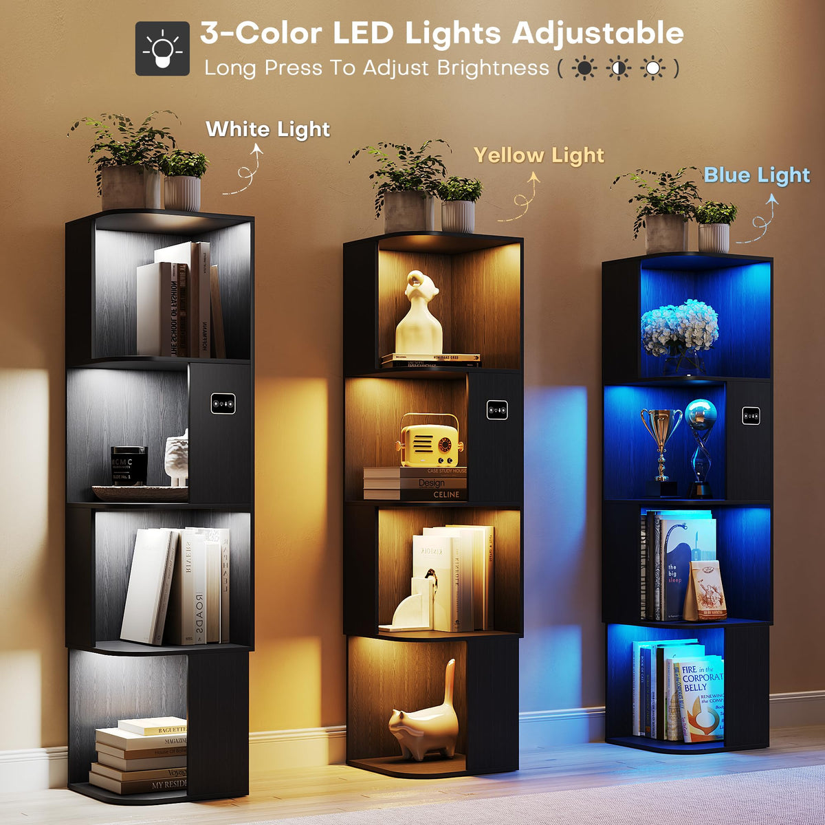 55.1 " Corner Wood Bookcase with Body Sensor LED for Home Office,Black - image 3