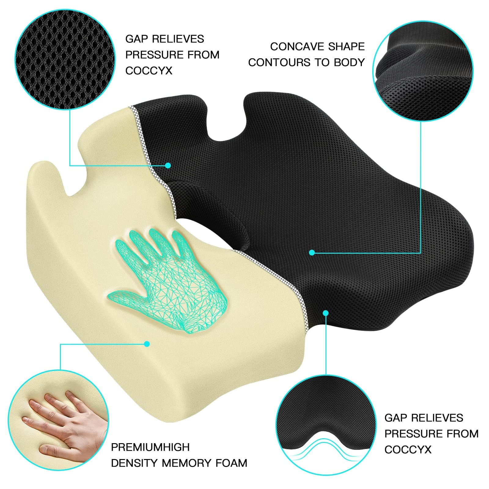 Benazcap Memory Foam Seat Cushion – Ergonomic Coccyx Pad for Back Pain