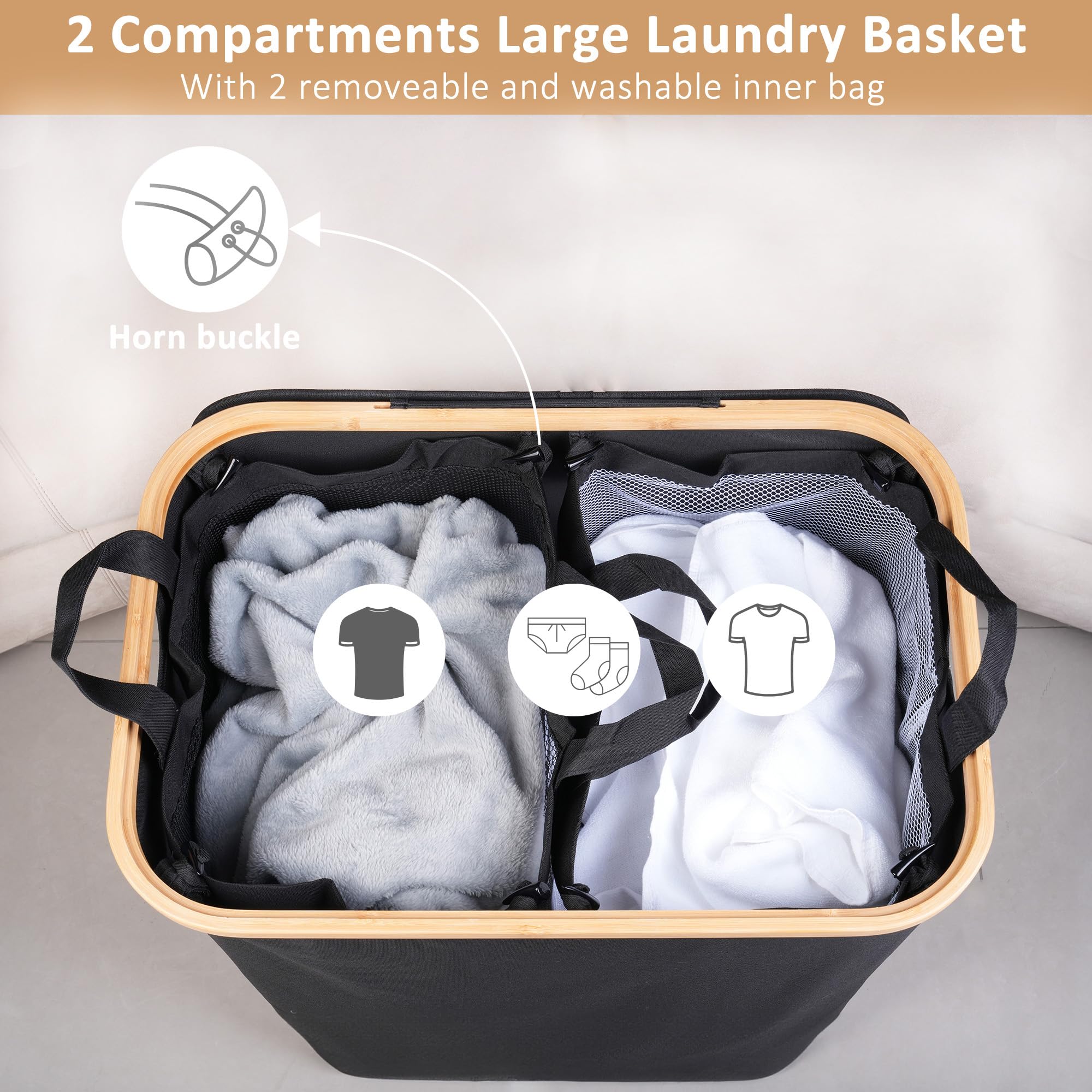 iEGrow 150L Double Laundry Basket with Lid – Foldable 2 Compartment Hamper
