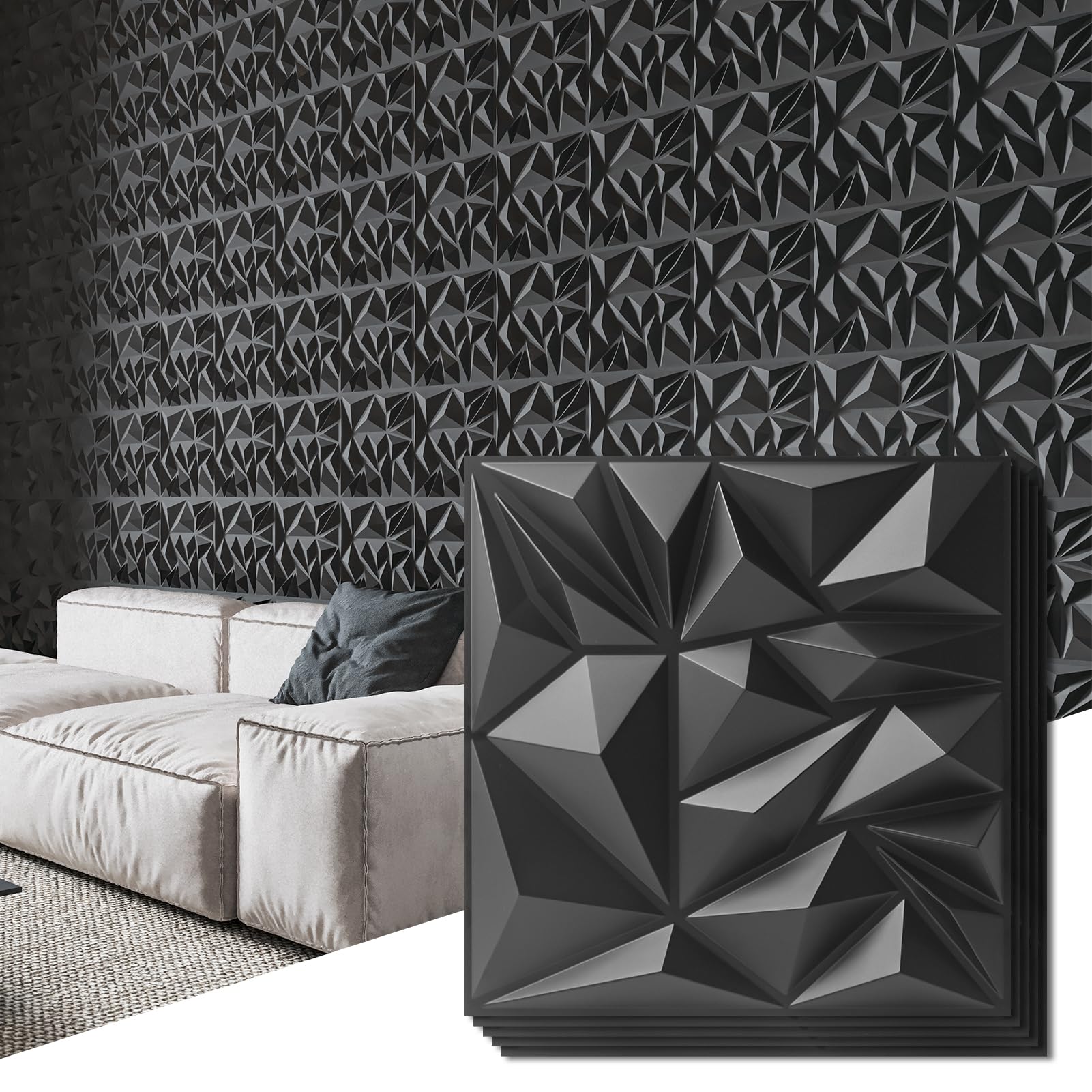 Art3d 3D Wall Panels – 33-Pack Diamond Textured Accent Paneling, Black