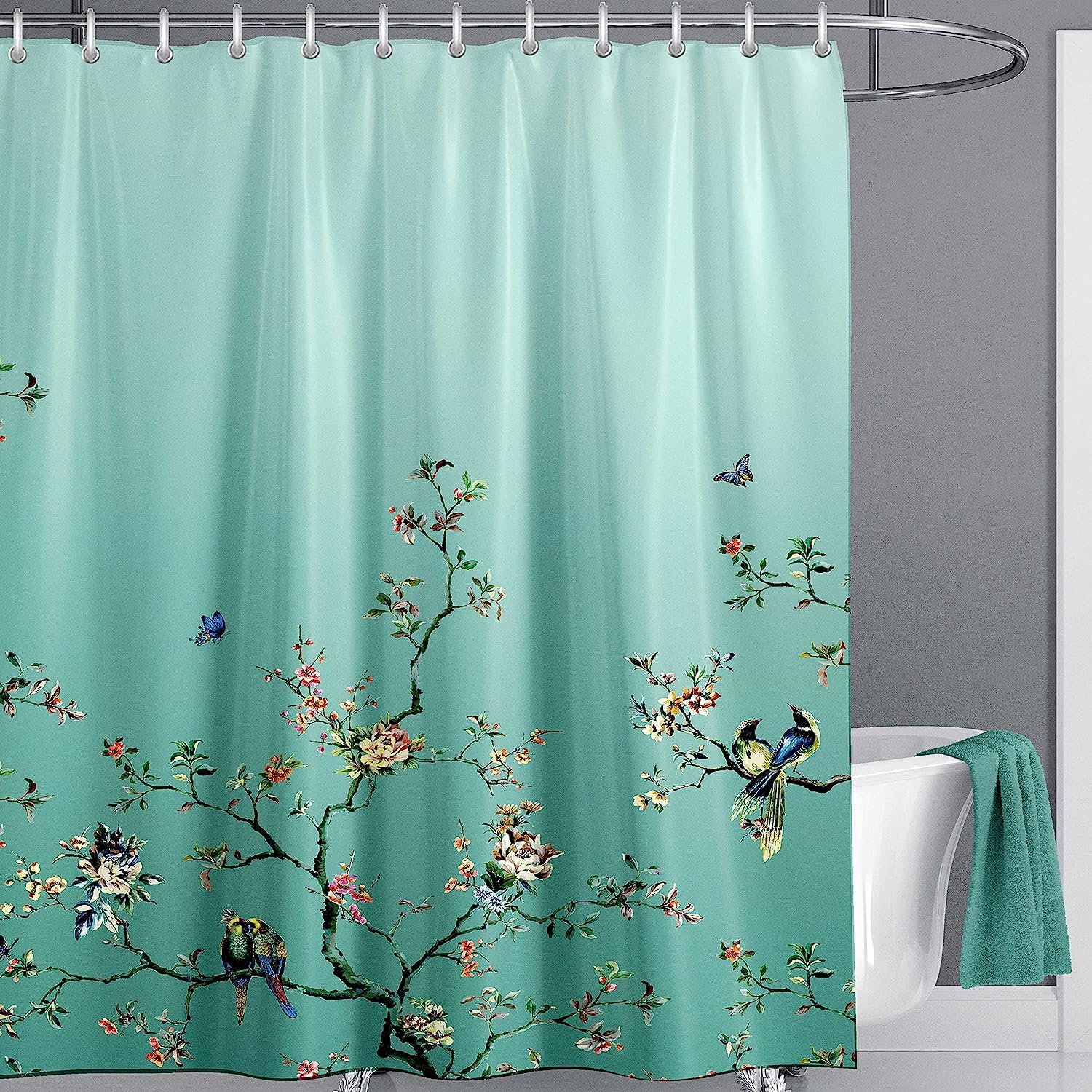 LIVETTY Ombre Green Bird Floral Shower Curtain | Extra Long 180x210cm
