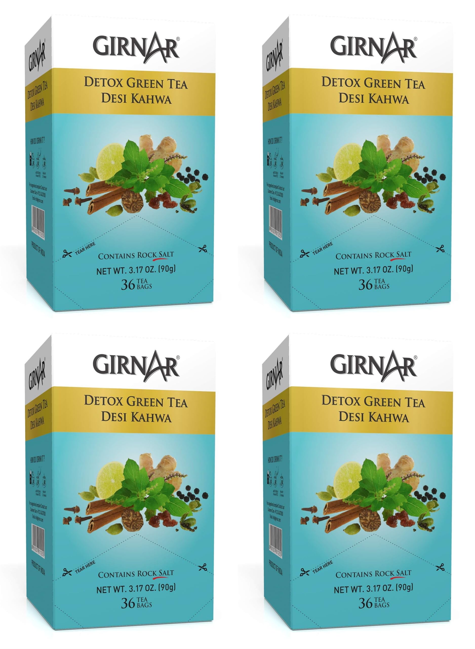 Girnar Detox Green Tea Desi Kahwa - Herbal Tea Bags (4 Pack, 144 Bags)