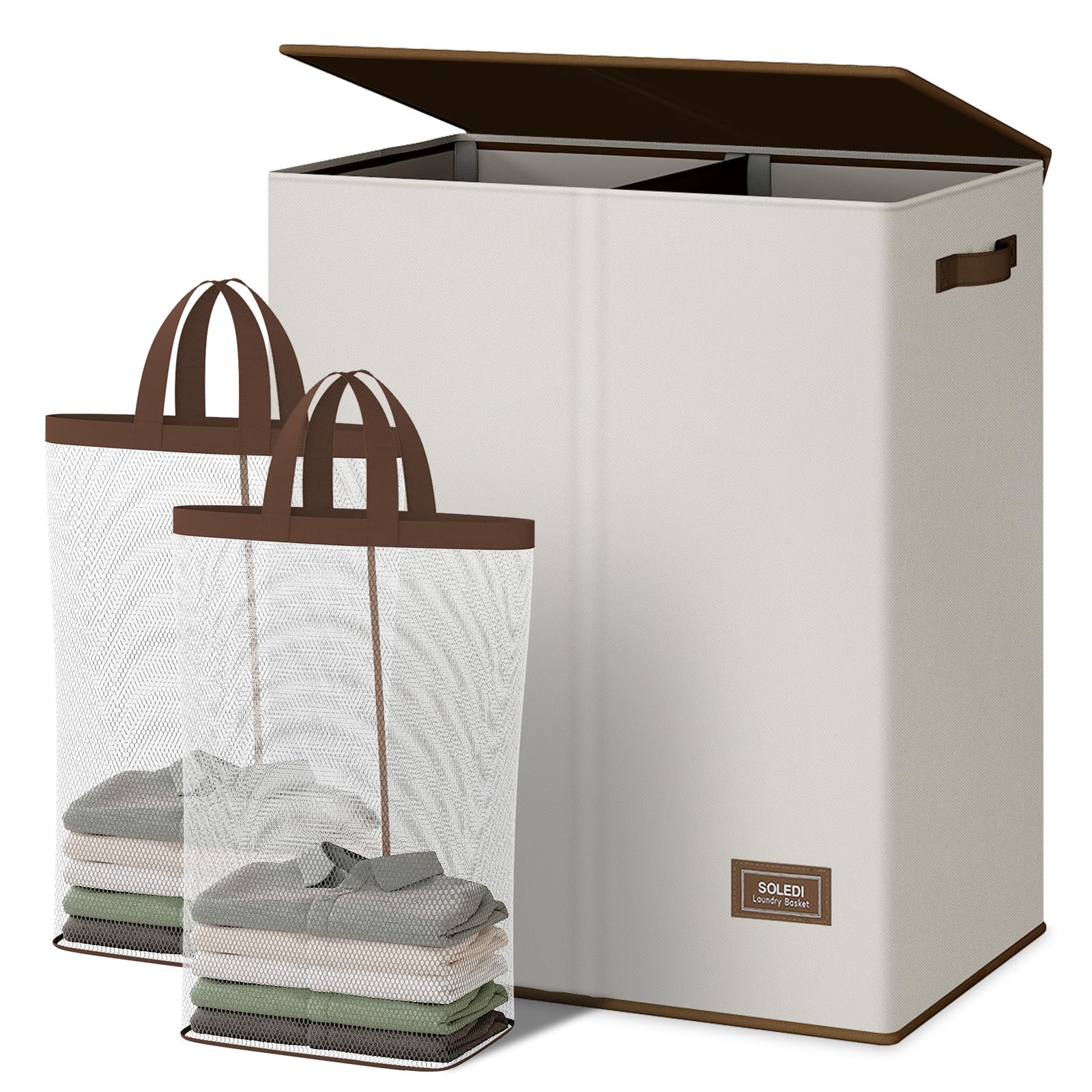 SOLEDI 145L Large Laundry Hamper with Lid | 2-Compartment Collapsible Basket