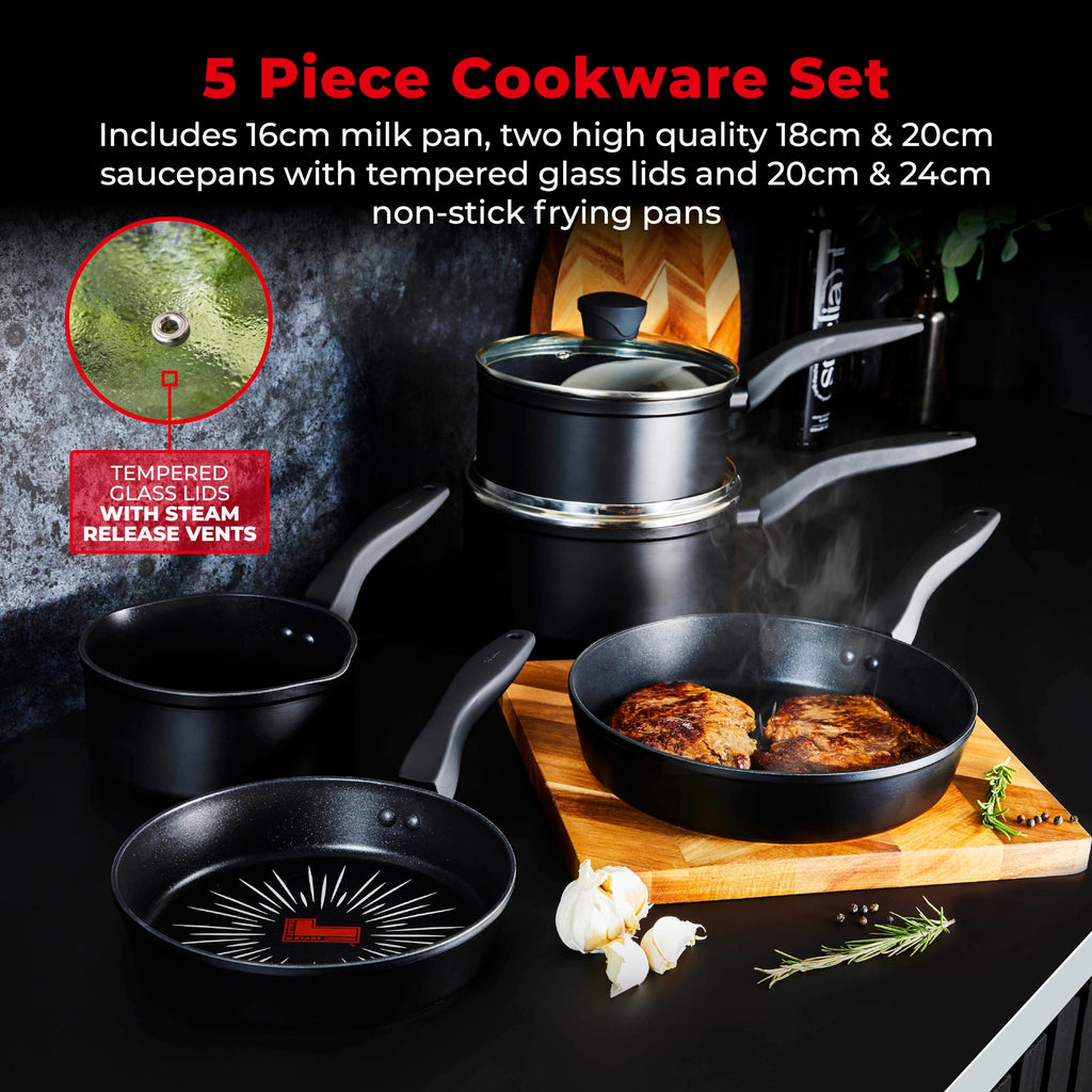 Tower SmartStart Forged 5 Piece Non-Stick Cookware Set - Black