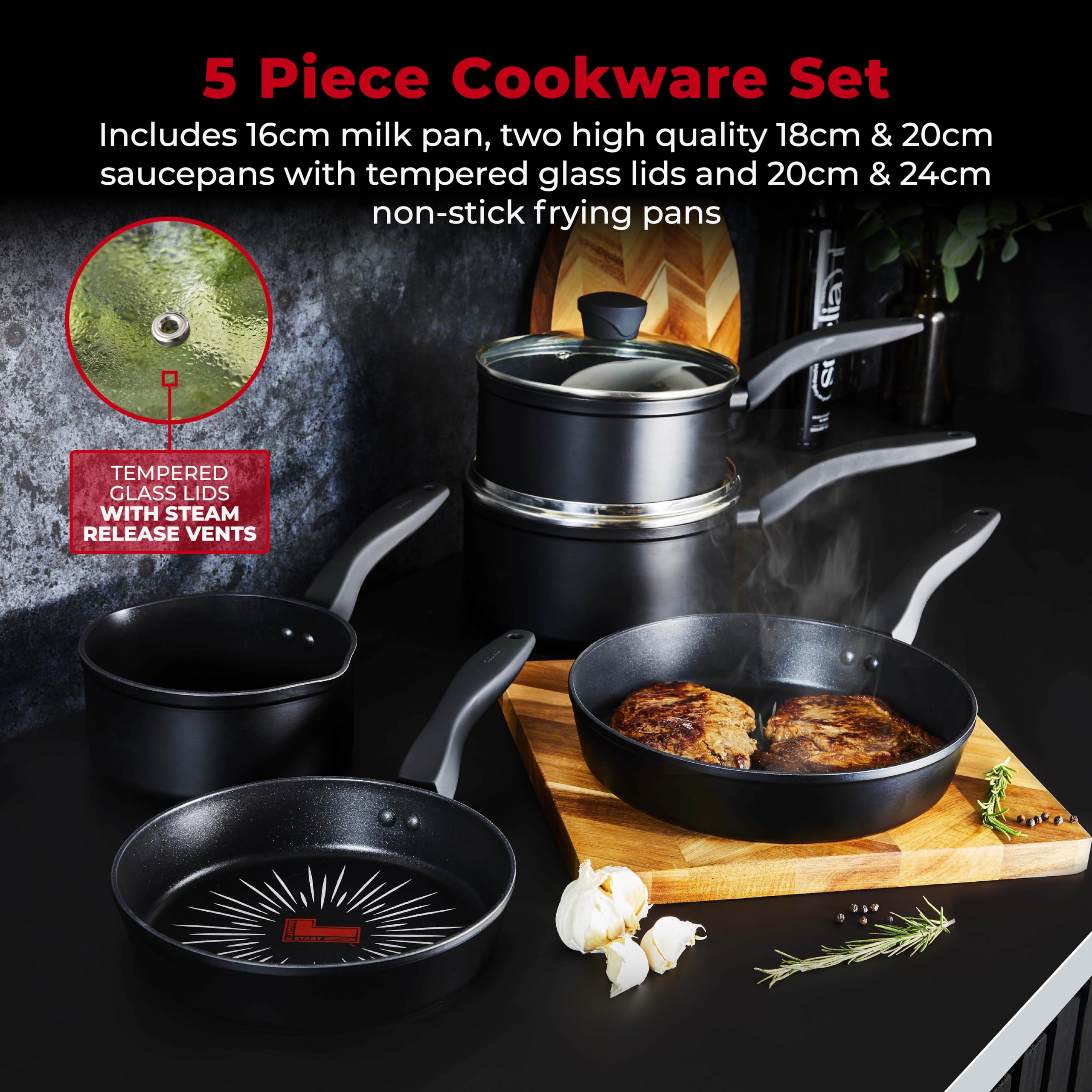 Tower SmartStart Forged 5 Piece Non-Stick Cookware Set - Black