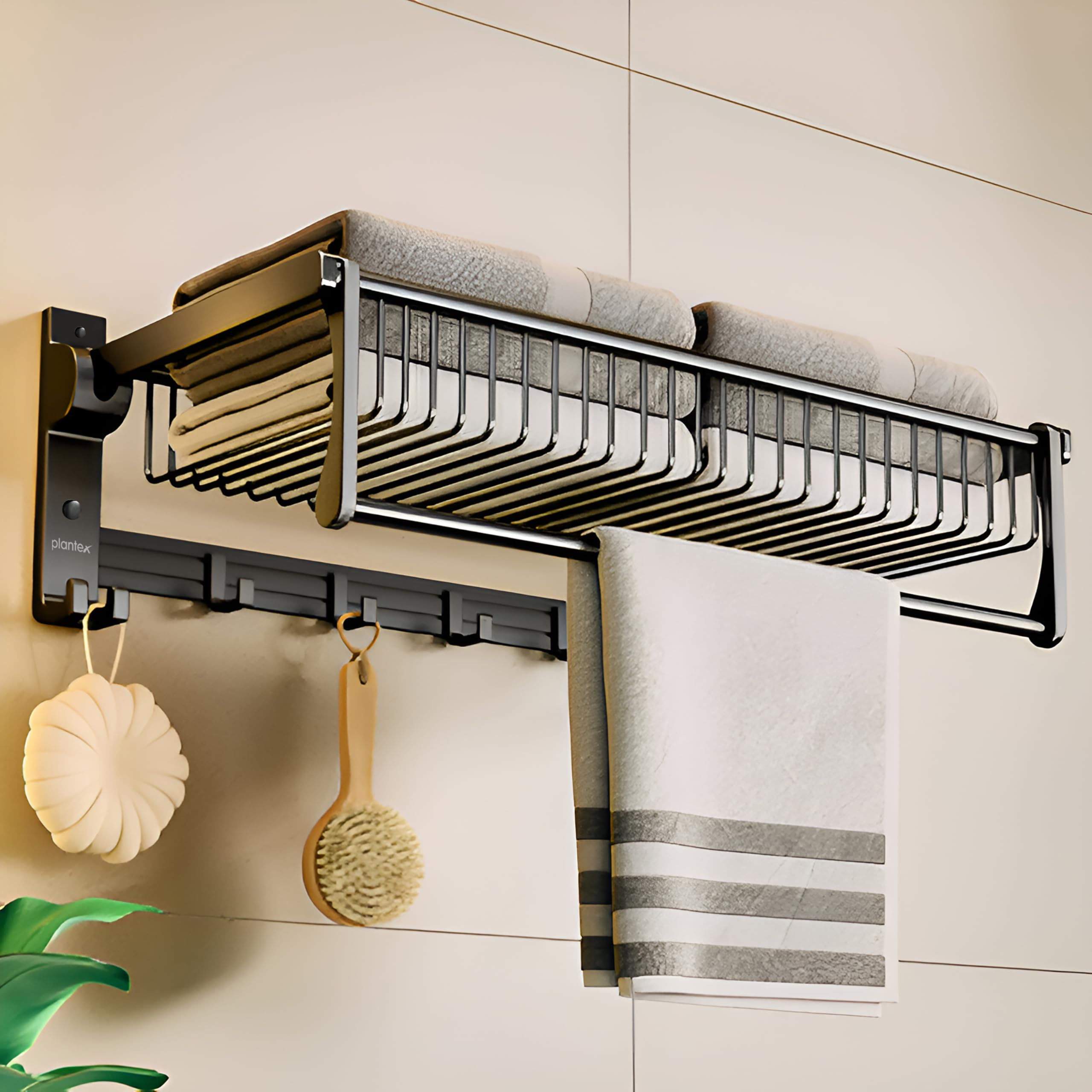 Plantex Aluminum Folding Towel Rack | 24-Inch Bathroom Shelf with Hooks