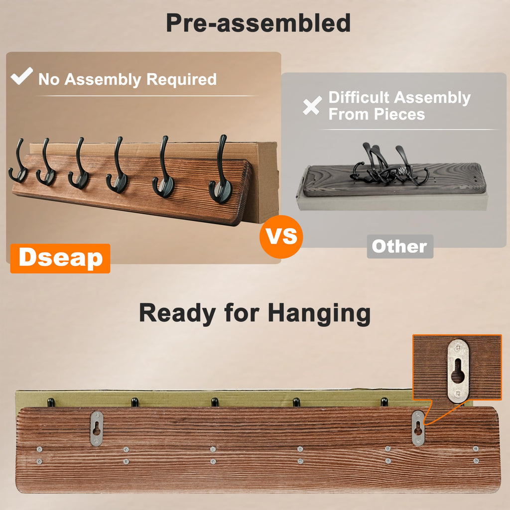 Dseap Heavy-Duty Wooden Wall Mounted Coat Rack - 97cm, 10 Hooks, 2 Pack