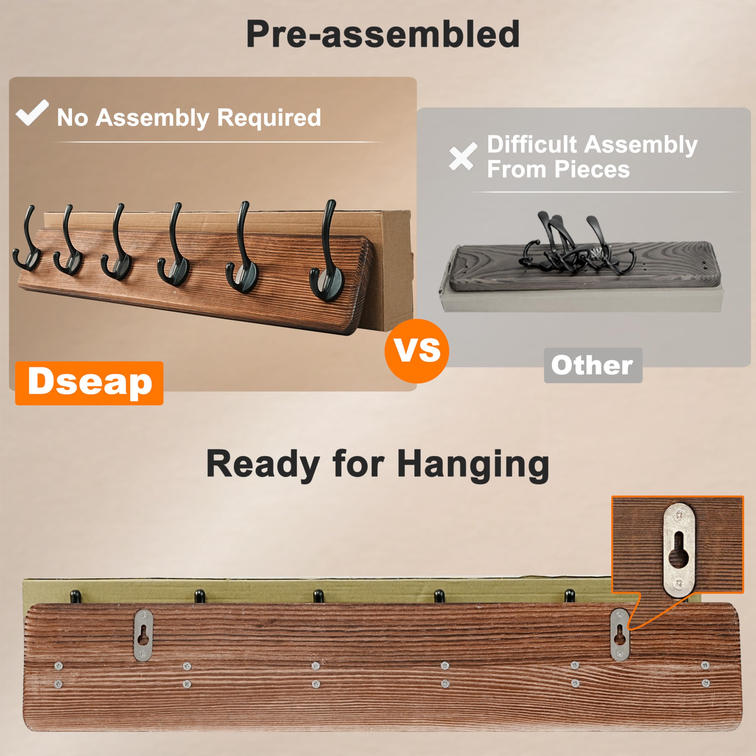 Dseap Heavy-Duty Wooden Wall Mounted Coat Rack - 97cm, 10 Hooks, 2 Pack