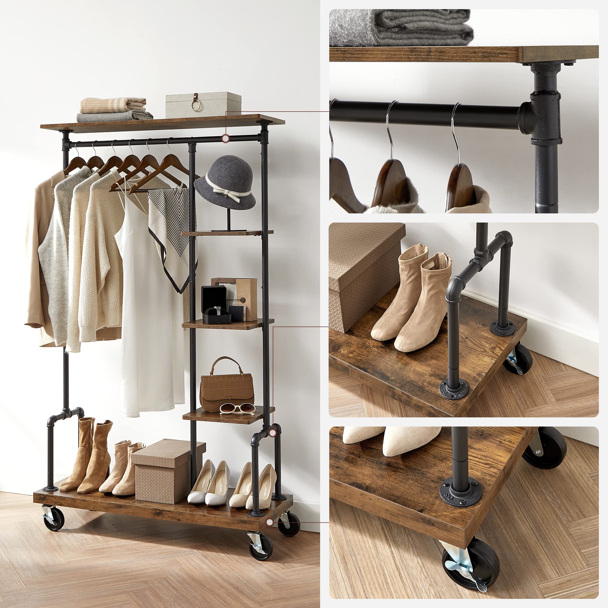 VASAGLE 5-Tier Rolling Garment Rack | Industrial Metal & Wood Clothes Rack