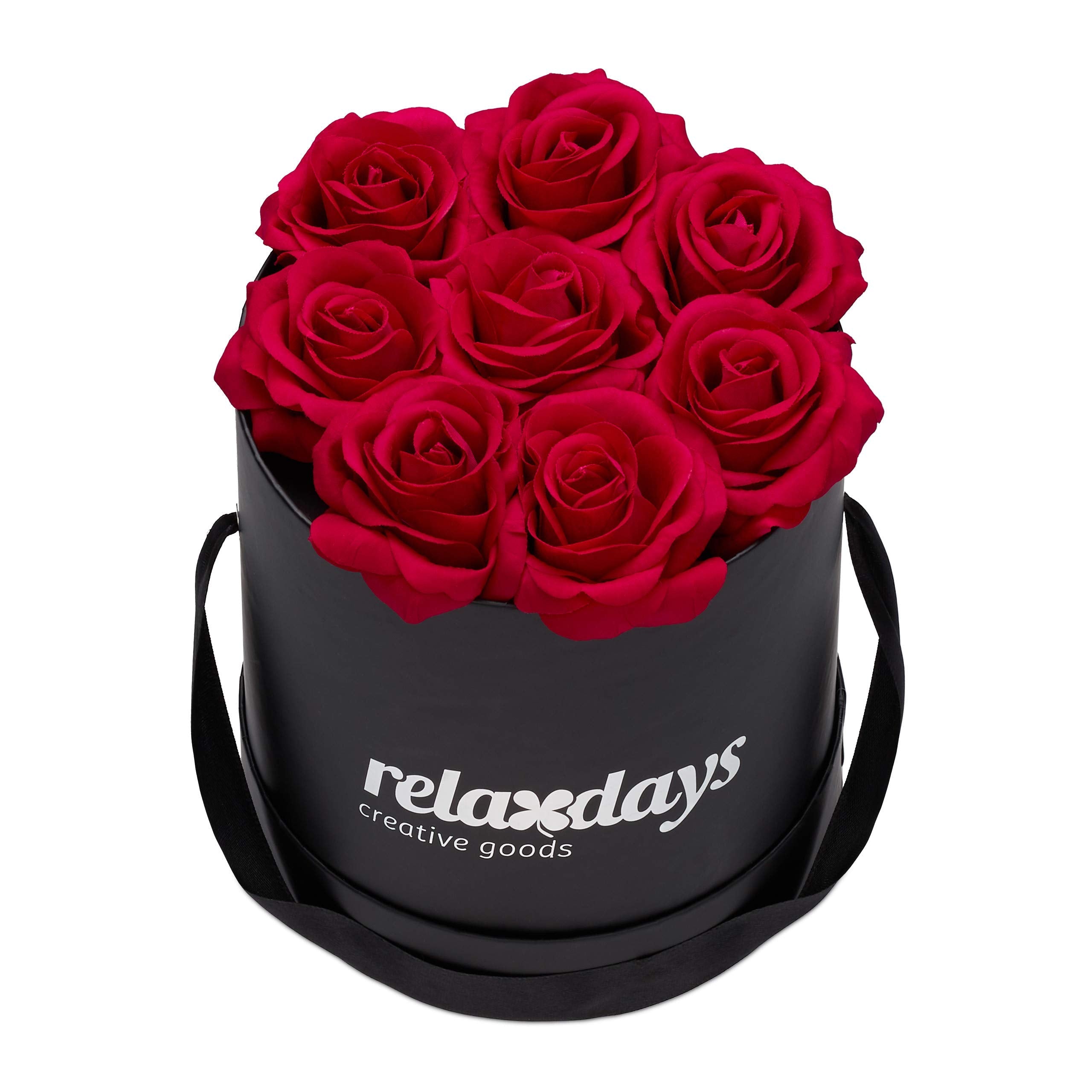 Round Flower Box with 8 Red Faux Roses – Black Gift Box