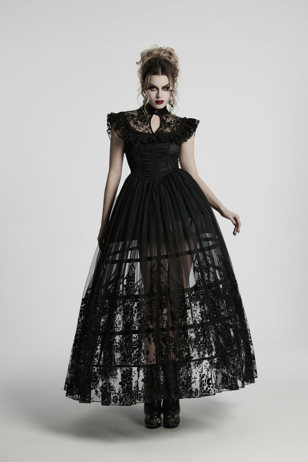 Punk Rave Seraphina Goth Dress – Velvet Floral Mesh Flying Sleeve